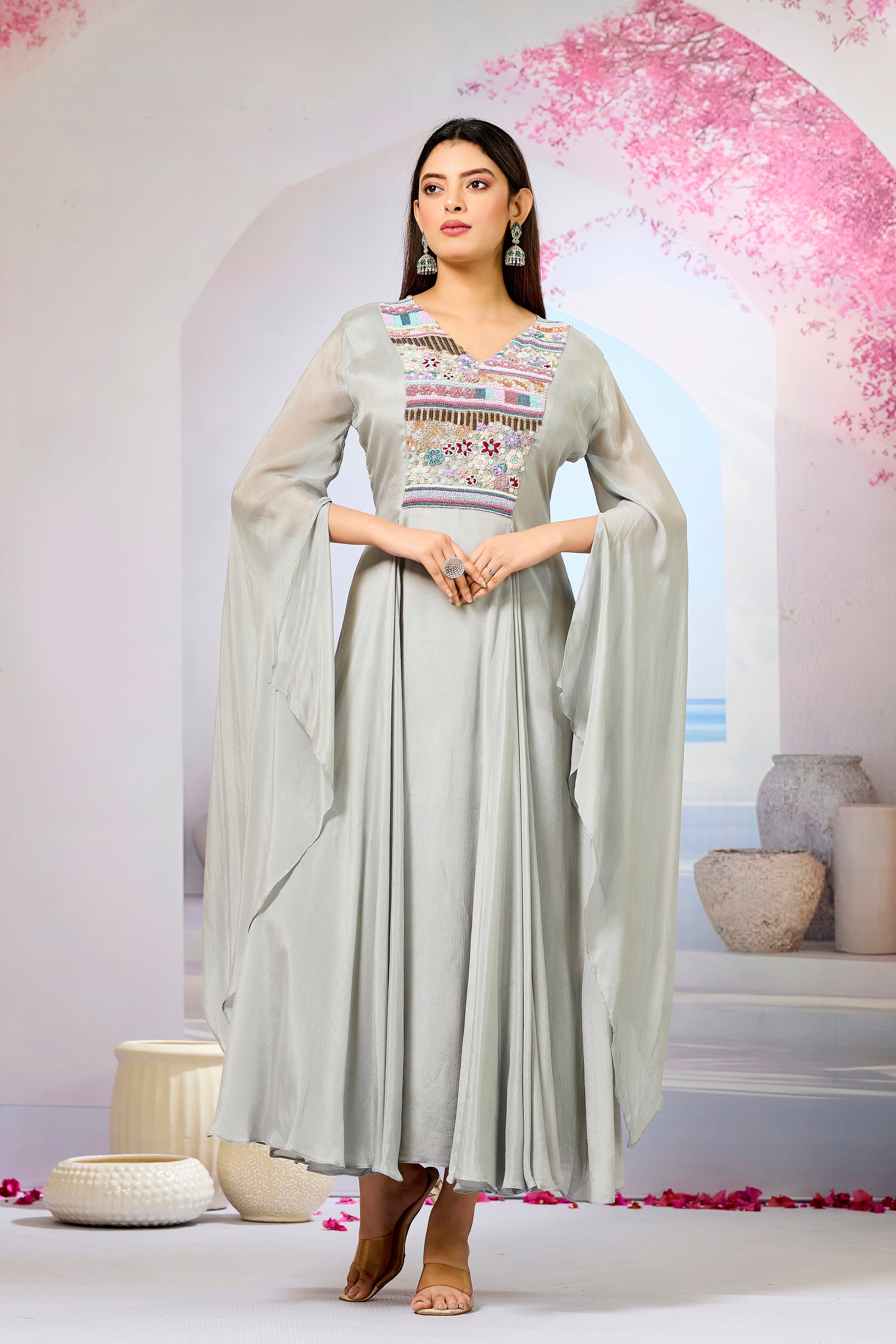 Grey Handwork Chinon Silk Dress