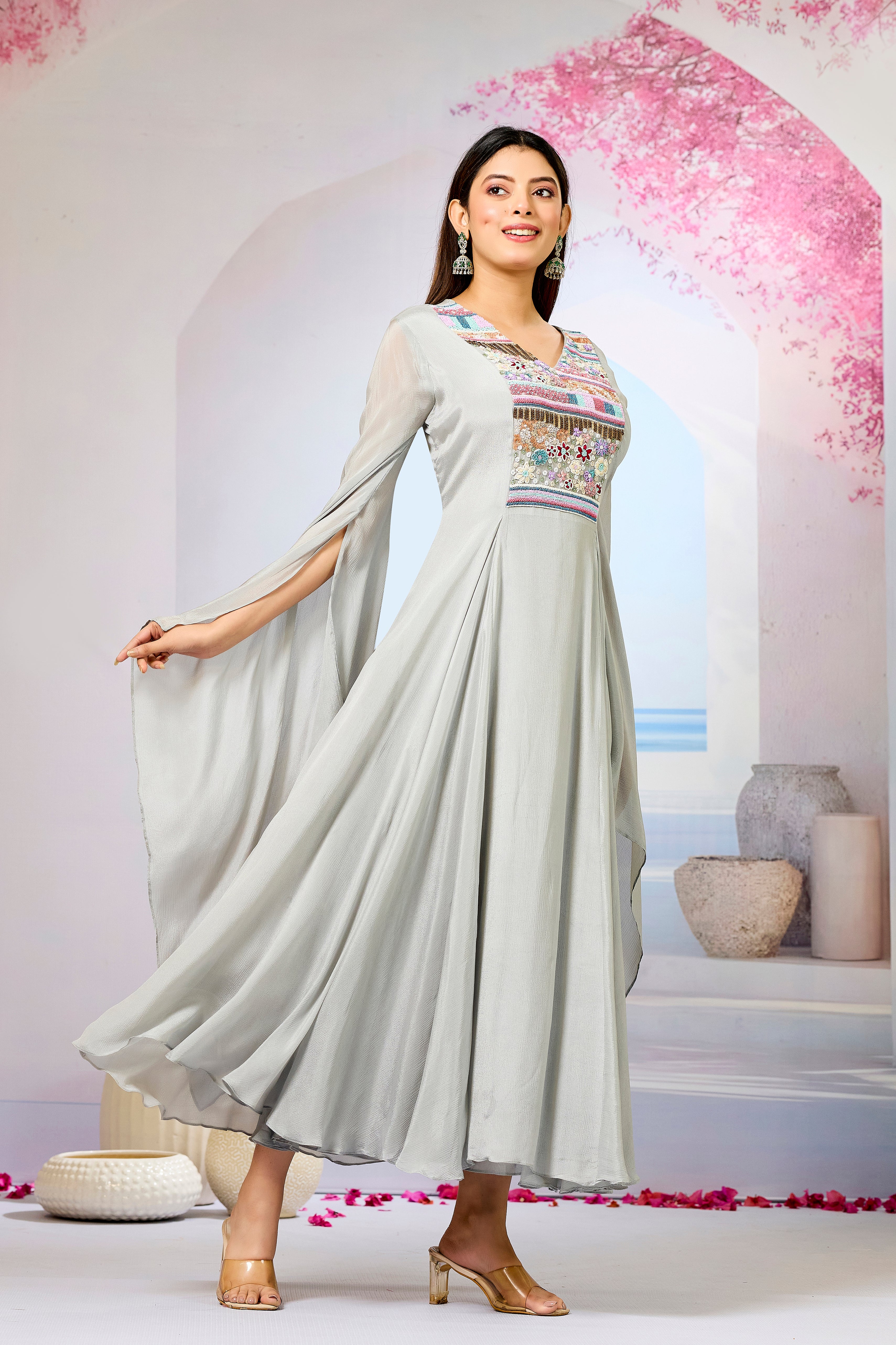 Grey Handwork Chinon Silk Dress