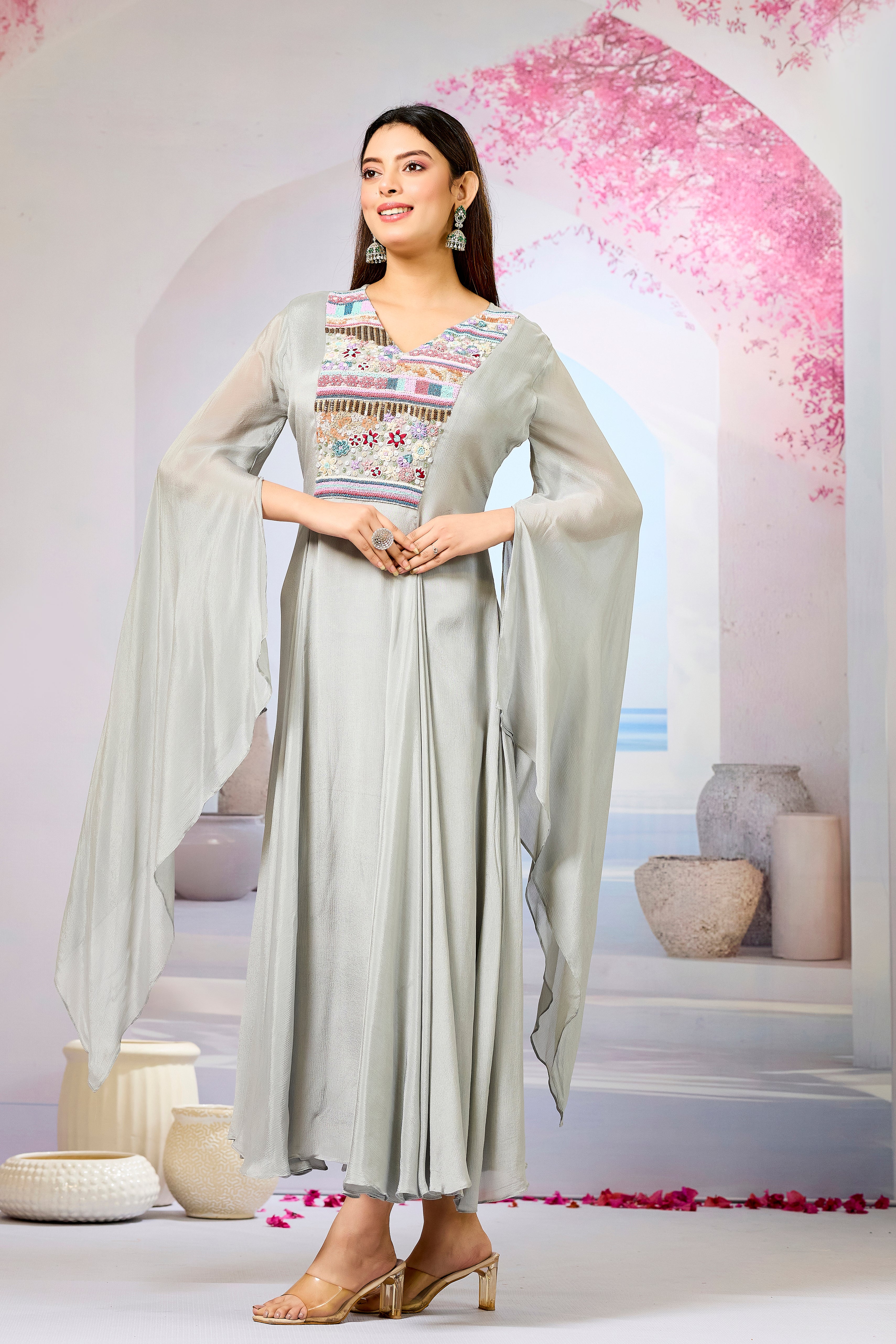 Grey Handwork Chinon Silk Dress