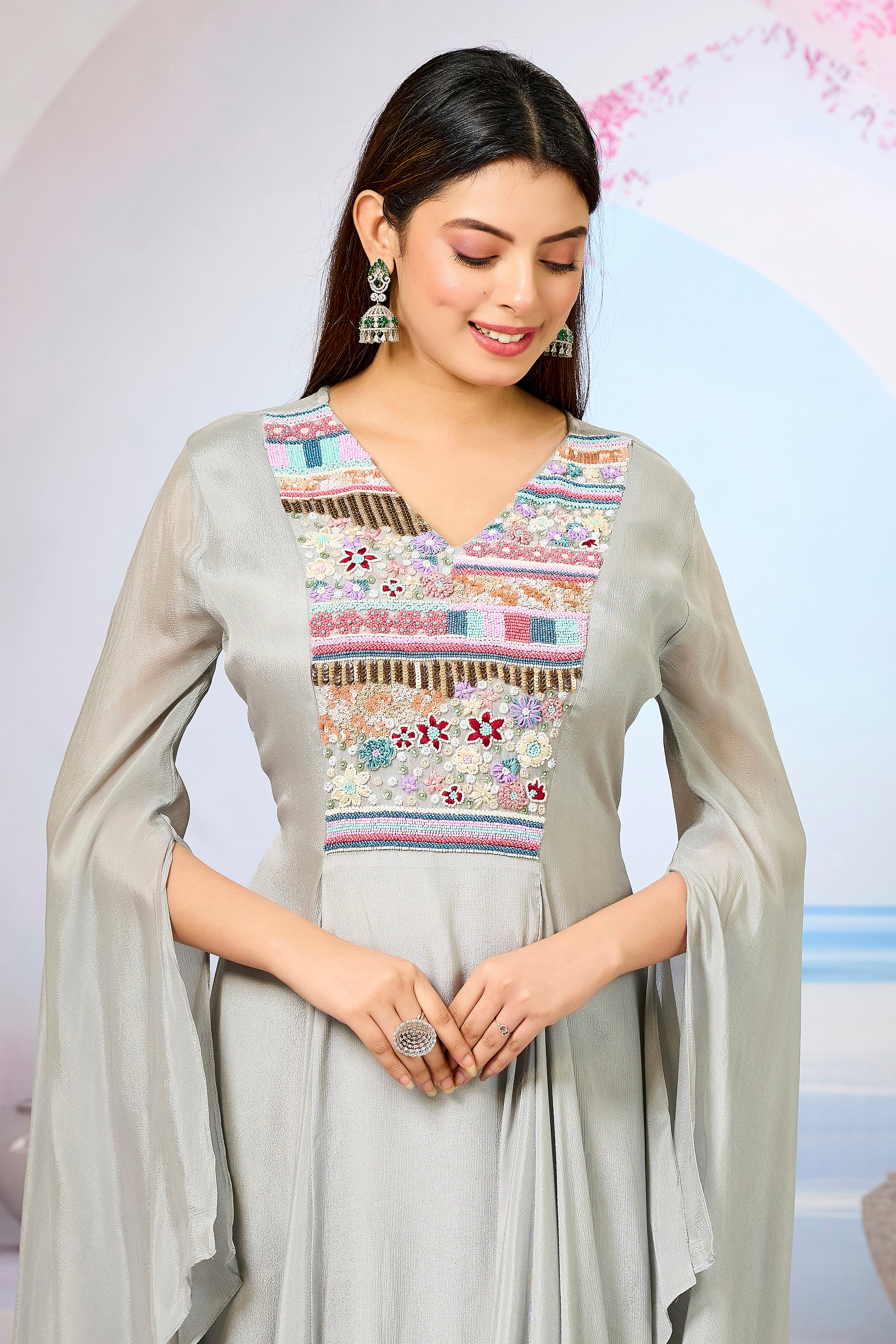 Grey Handwork Chinon Silk Dress