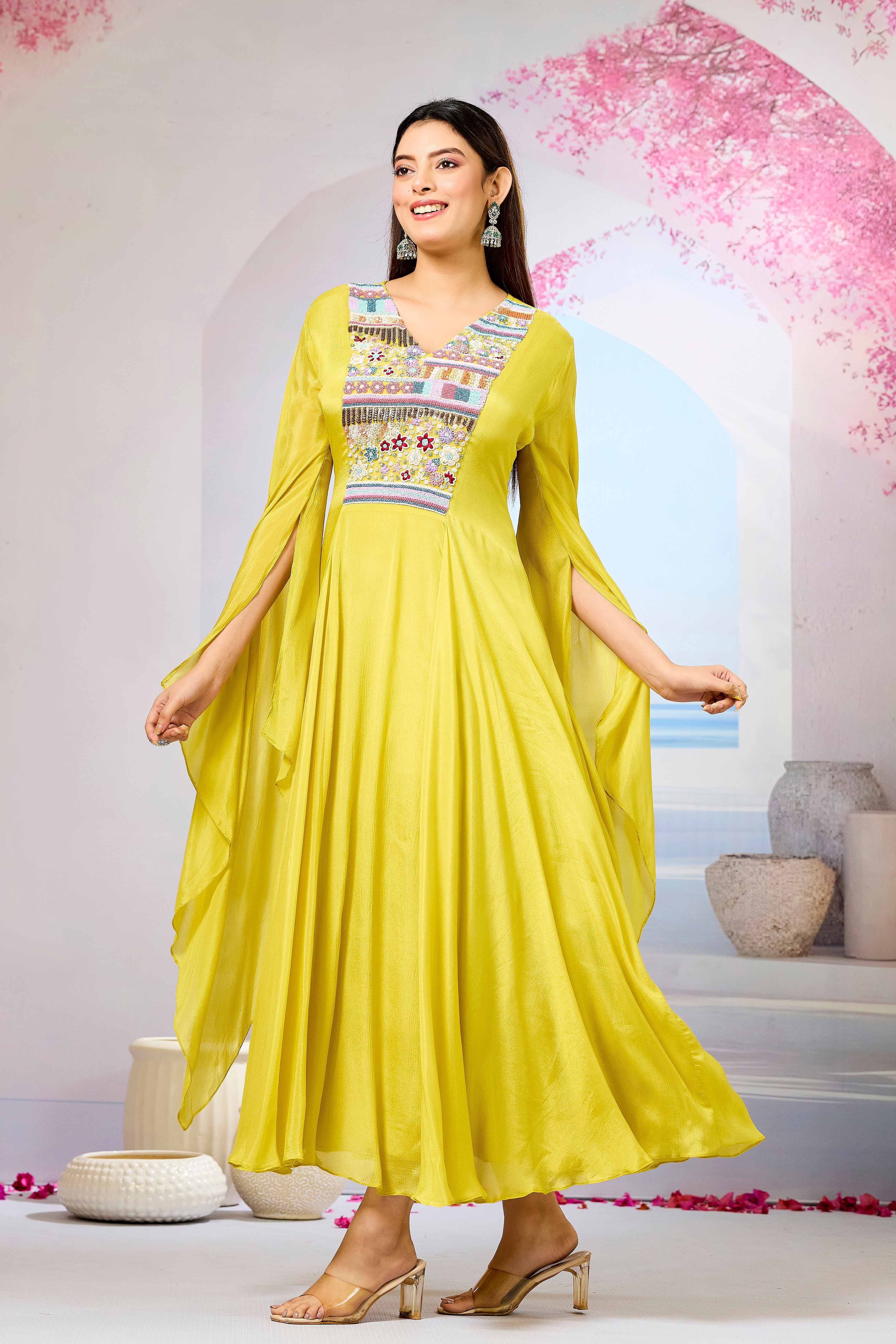 Yellow Handwork Chinon Silk Dress