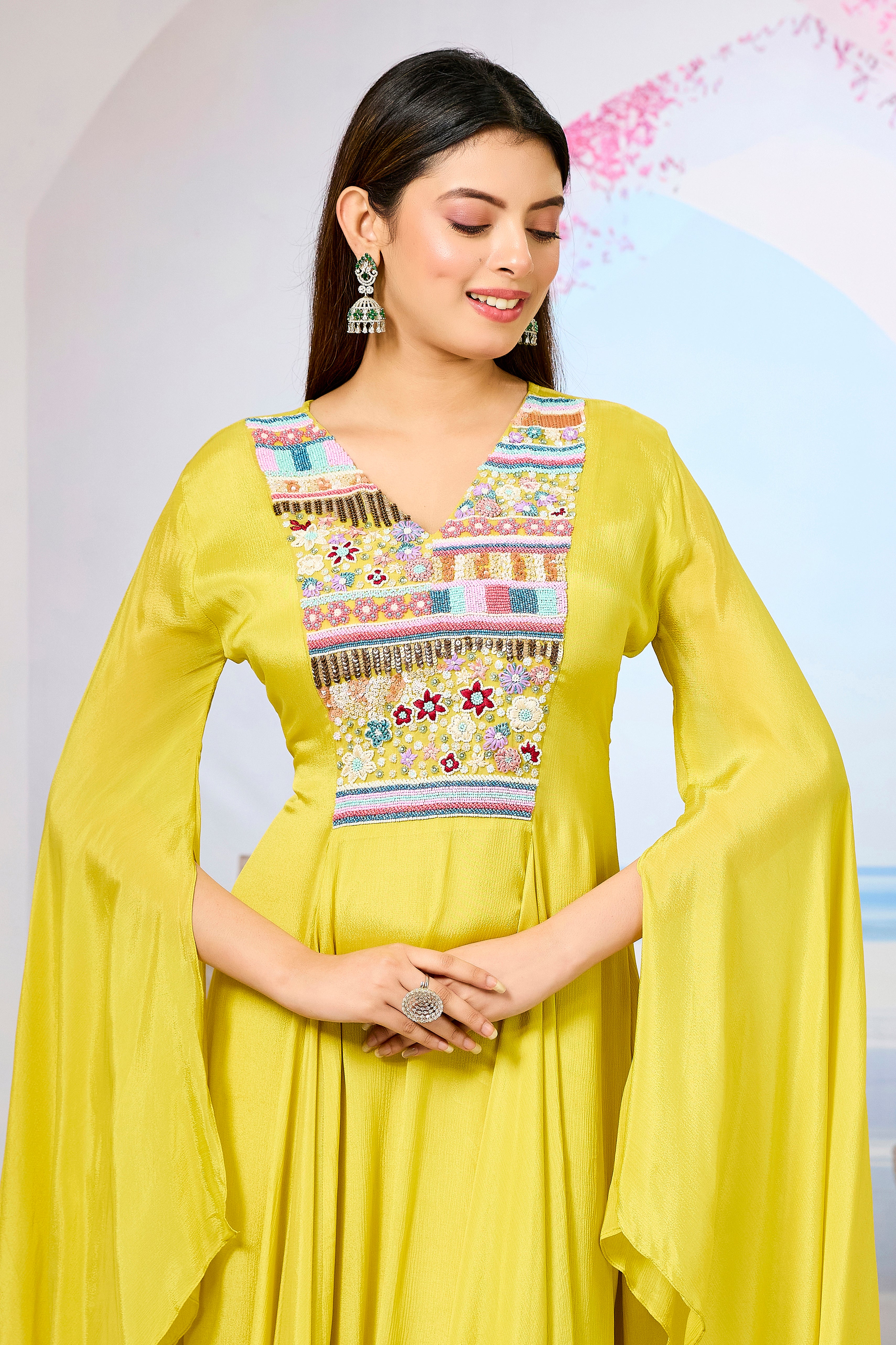 Yellow Handwork Chinon Silk Dress