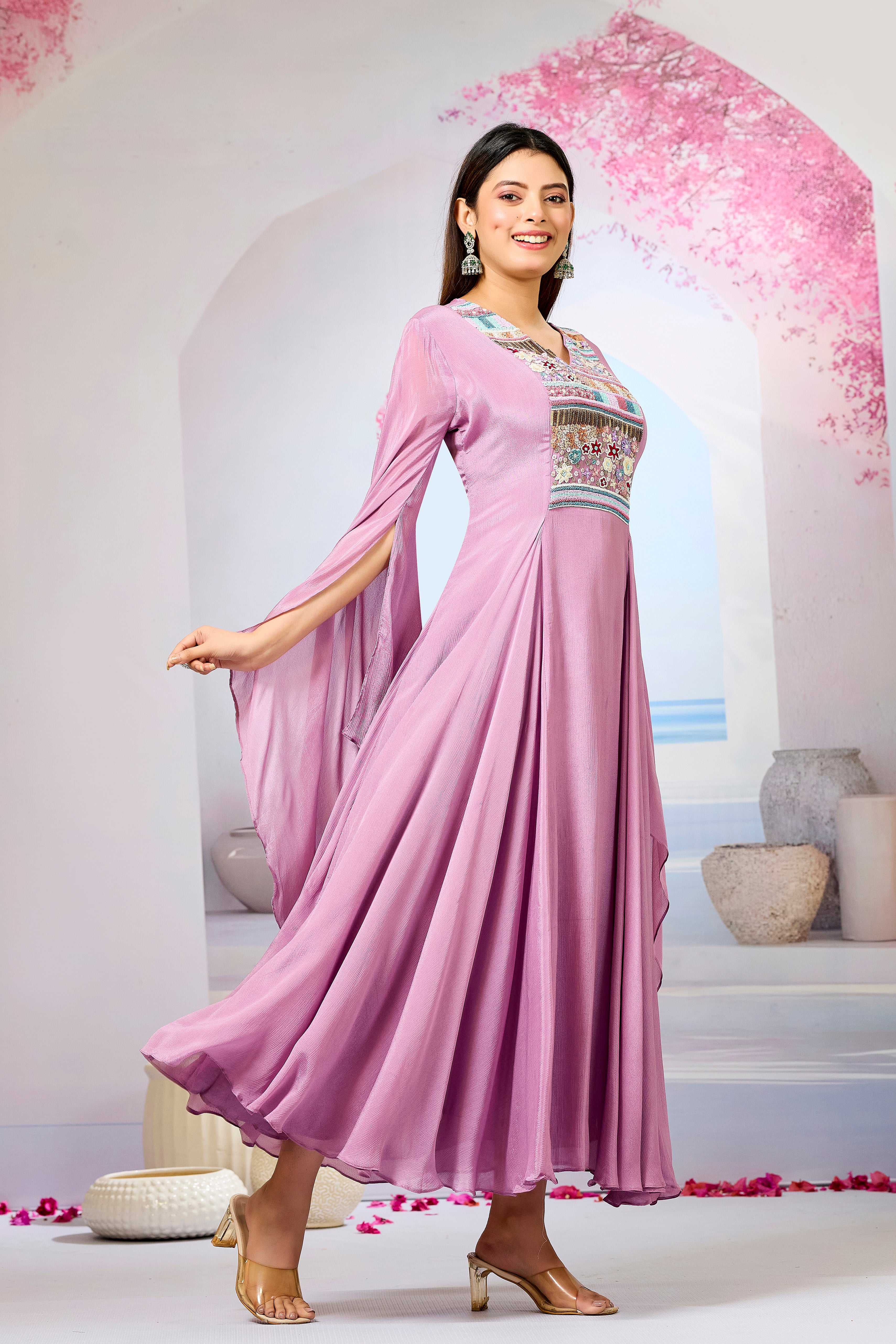 Pink Handwork Chinon Silk Dress