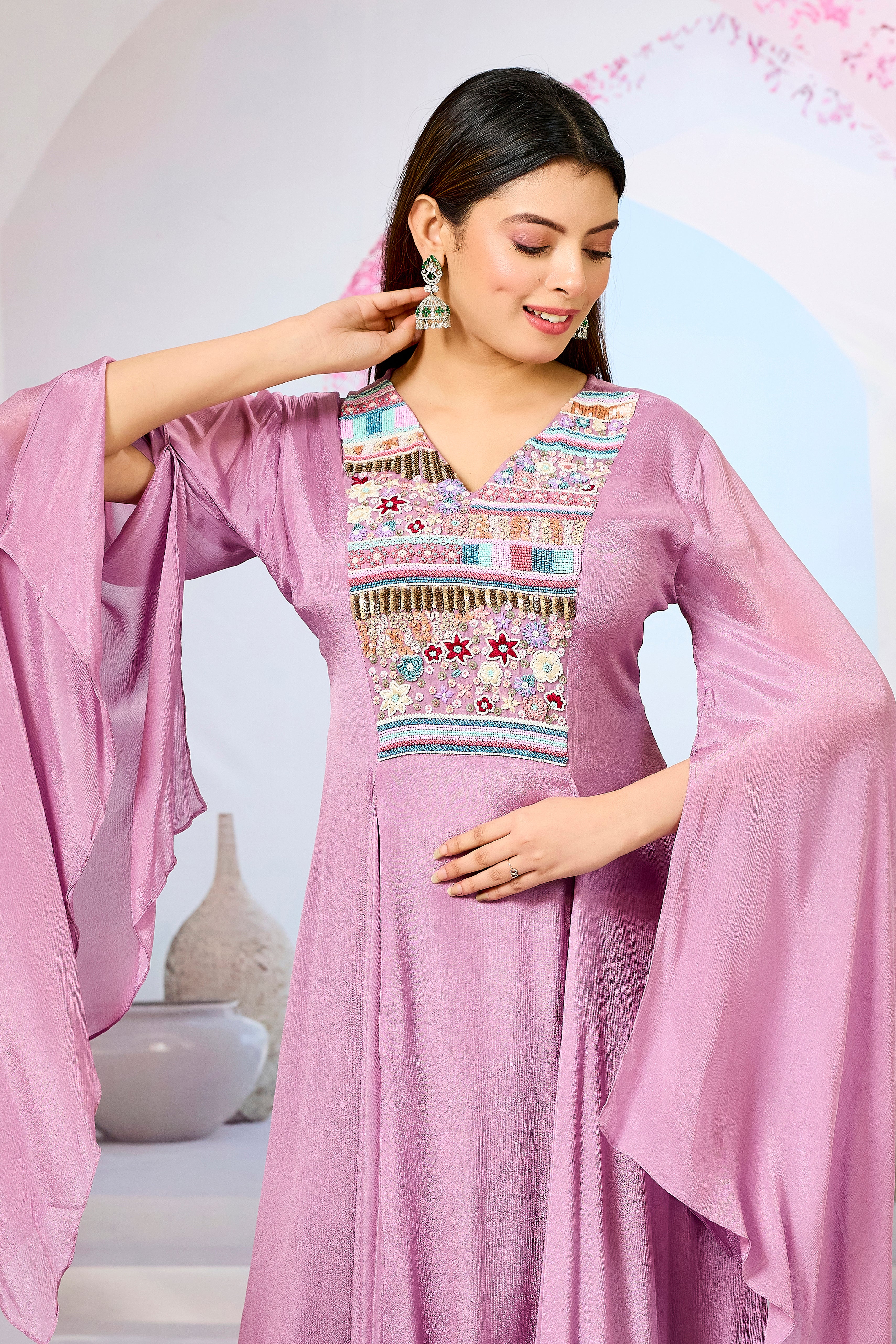 Pink Handwork Chinon Silk Dress