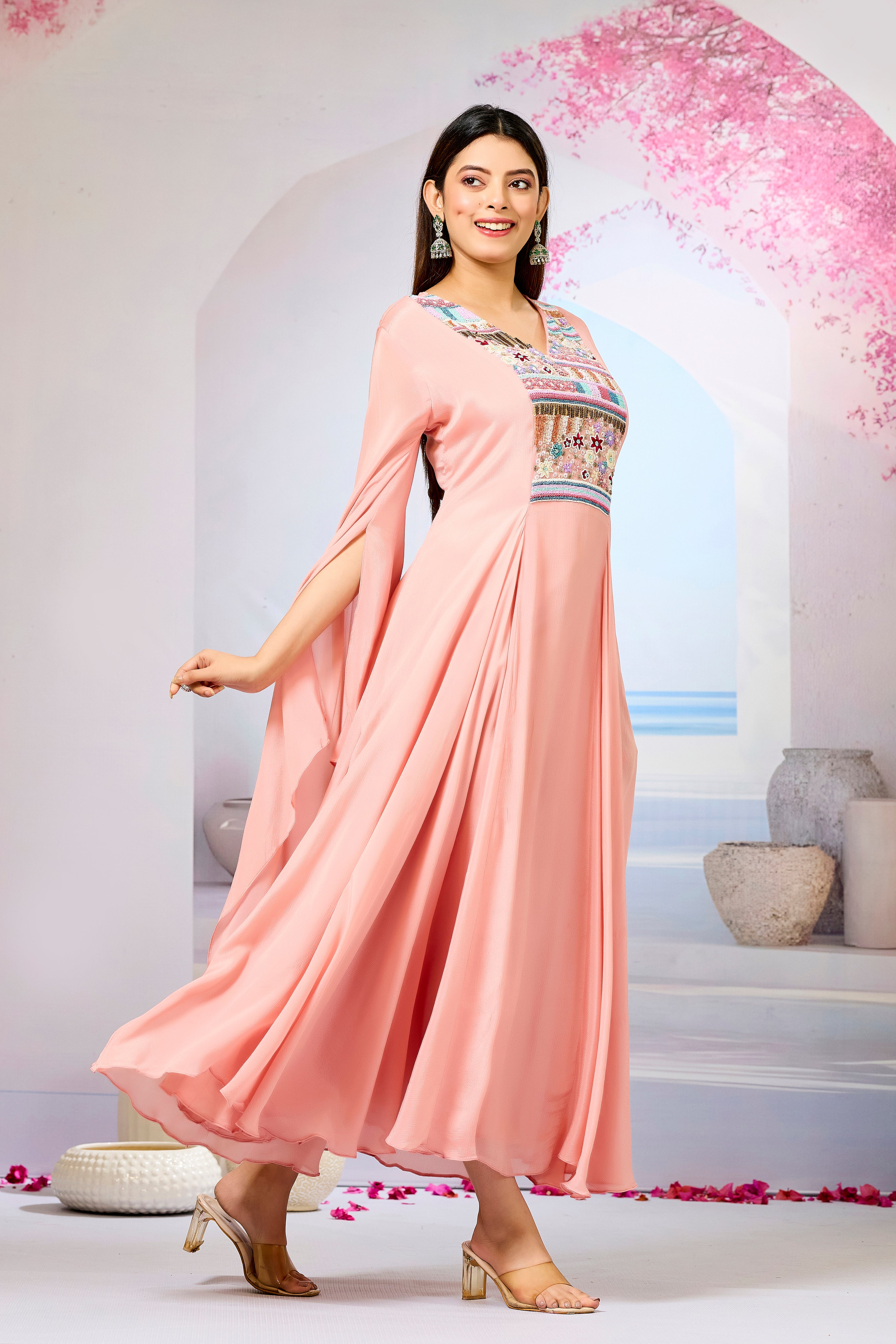 Peach Handwork Chinon Silk Dress