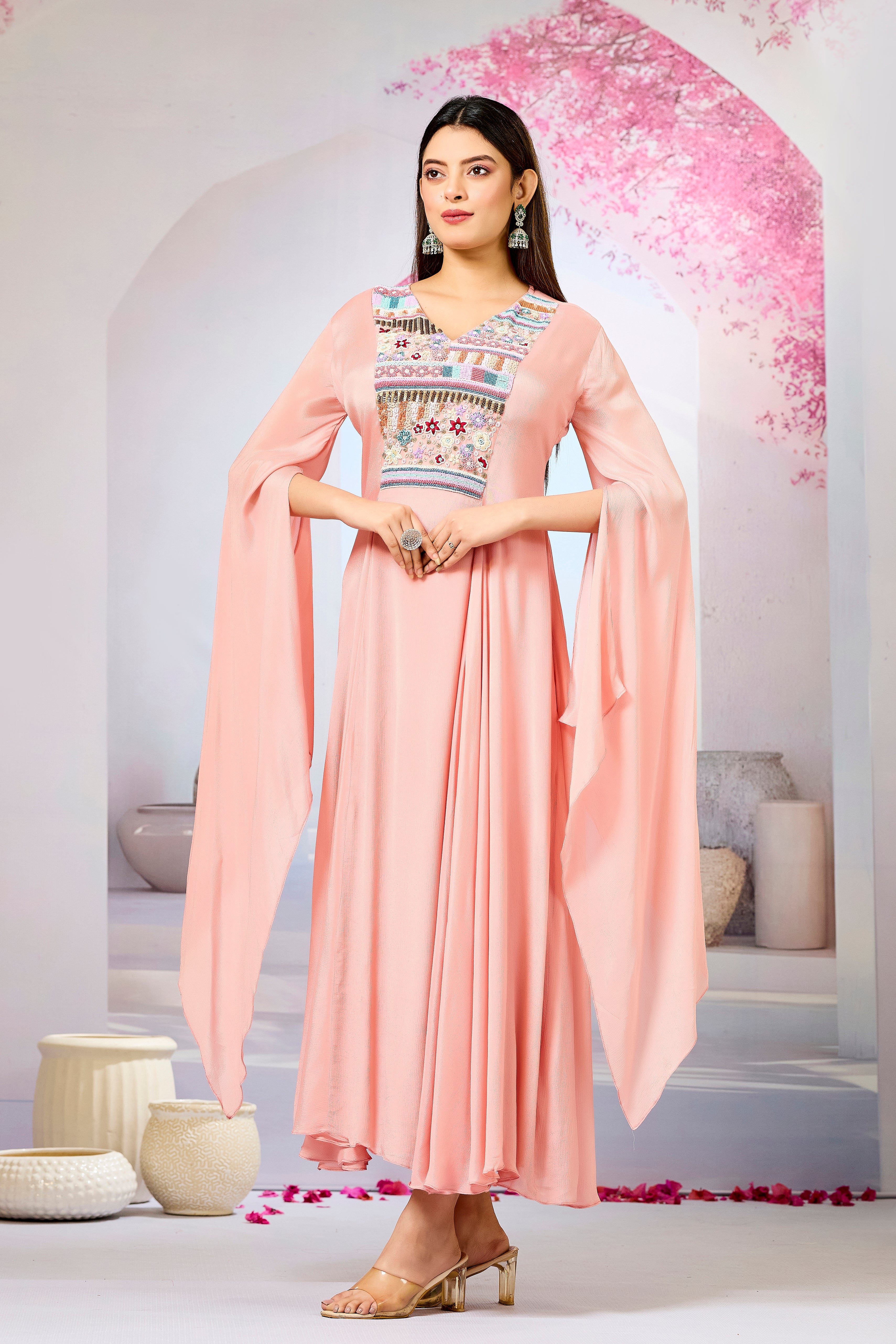 Peach Handwork Chinon Silk Dress