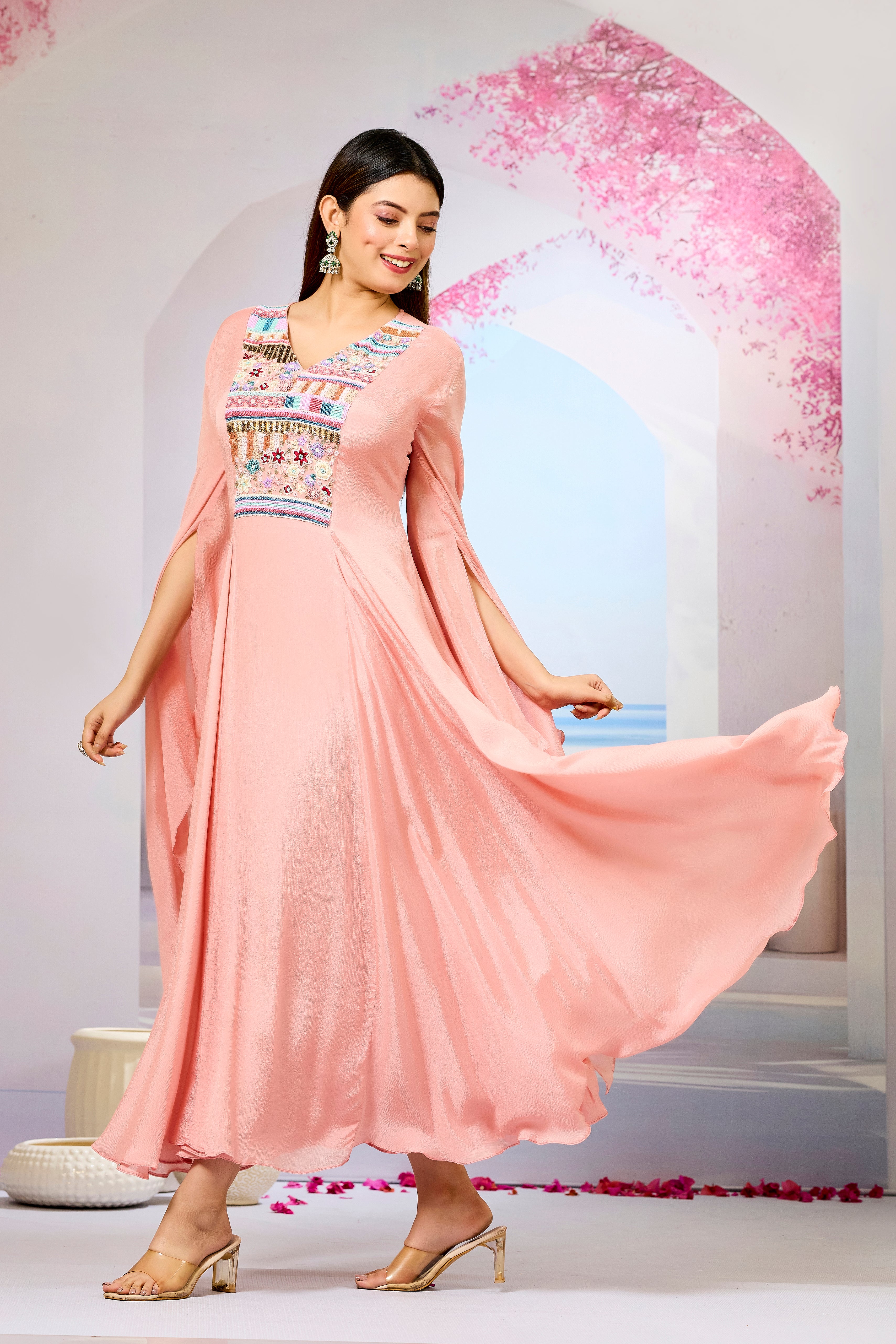 Peach Handwork Chinon Silk Dress
