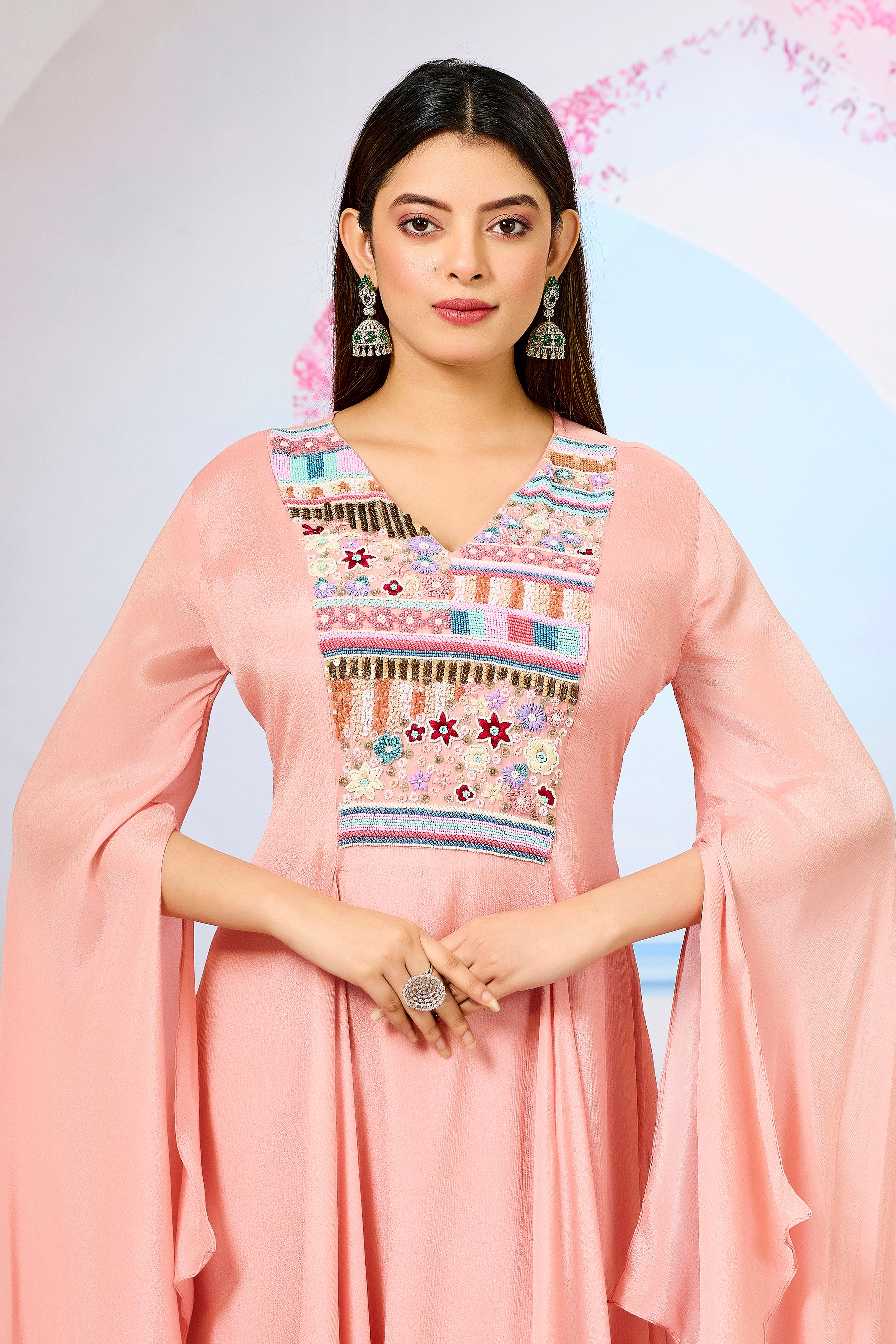 Peach Handwork Chinon Silk Dress