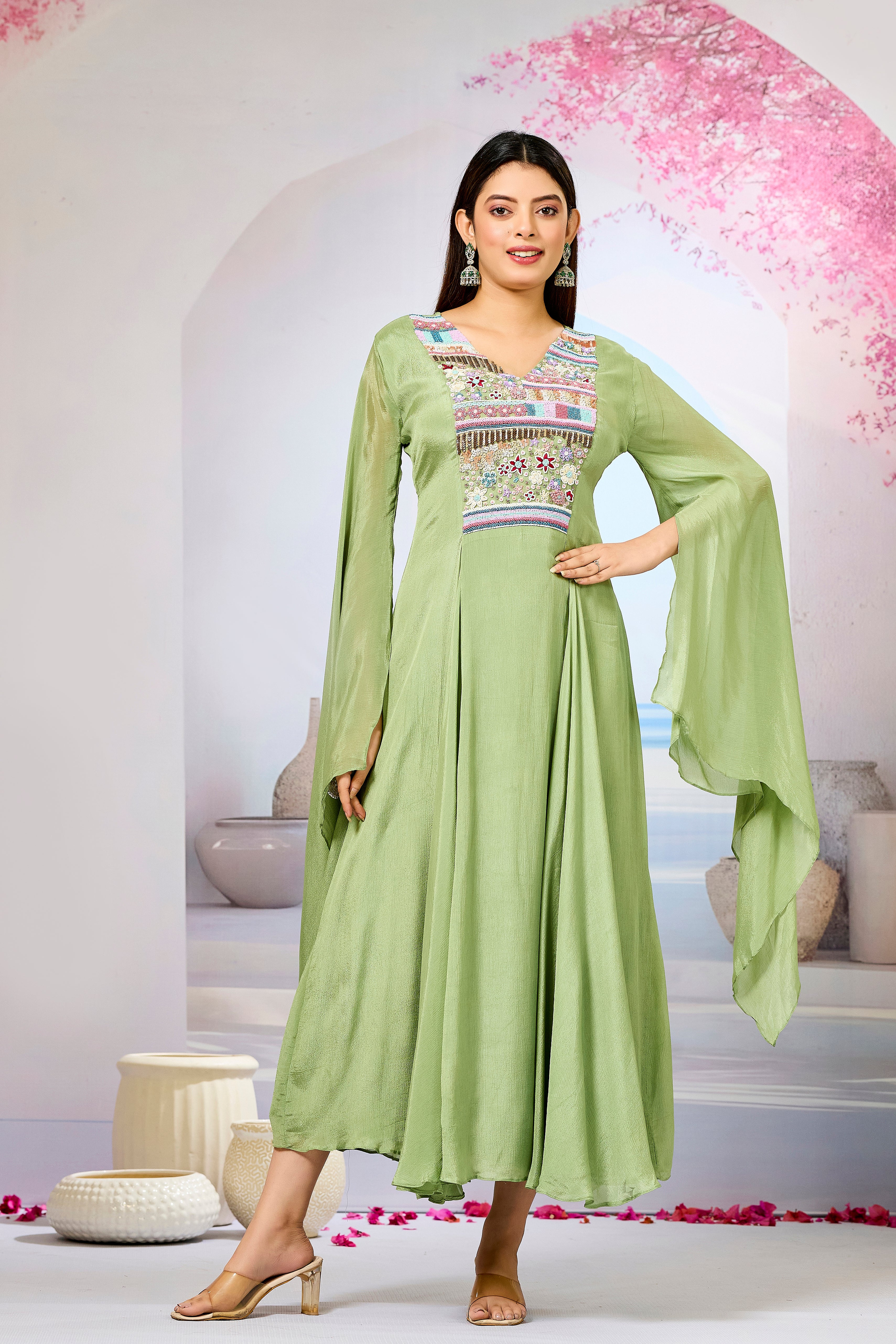 Green Handwork Chinon Silk Dress