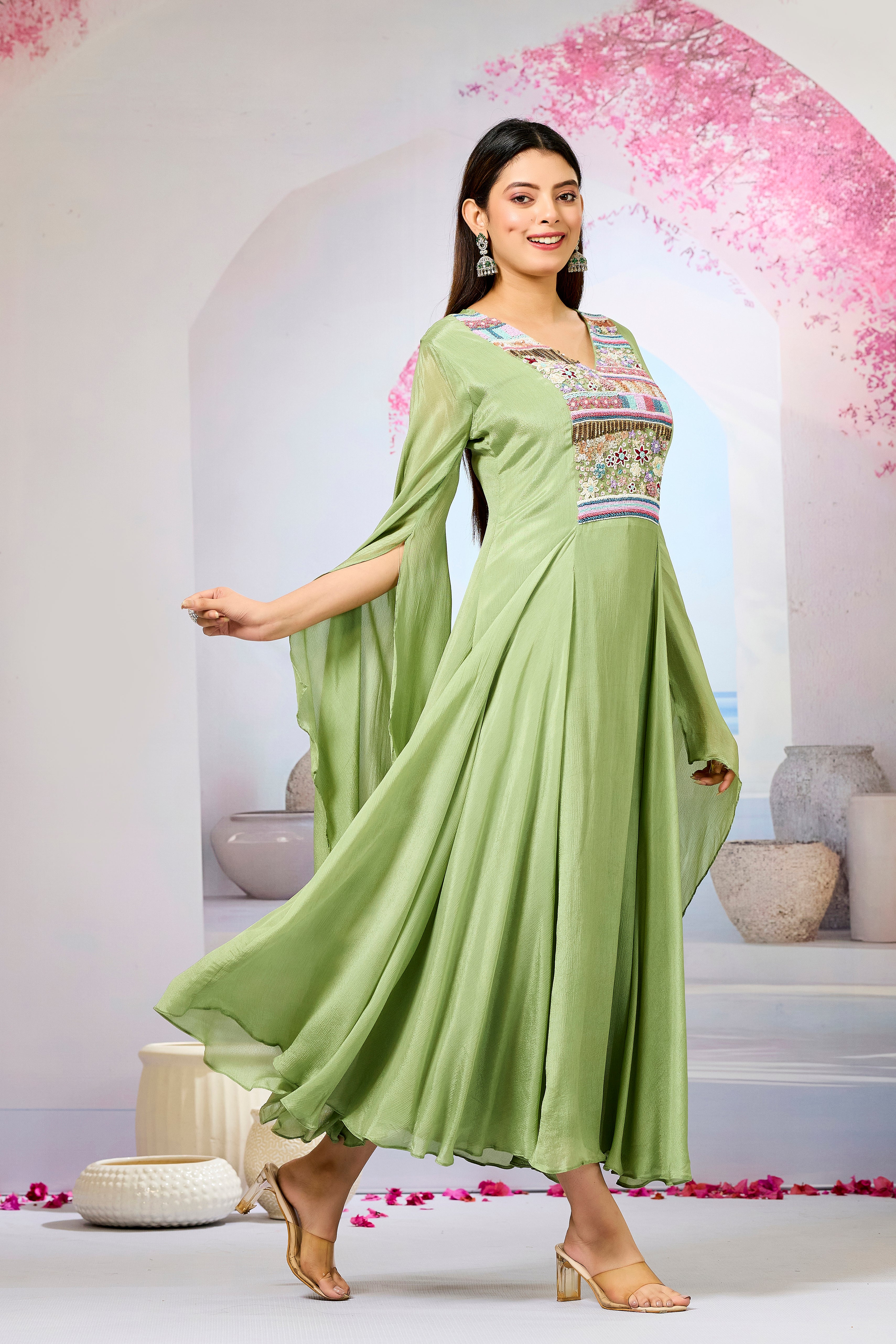 Green Handwork Chinon Silk Dress