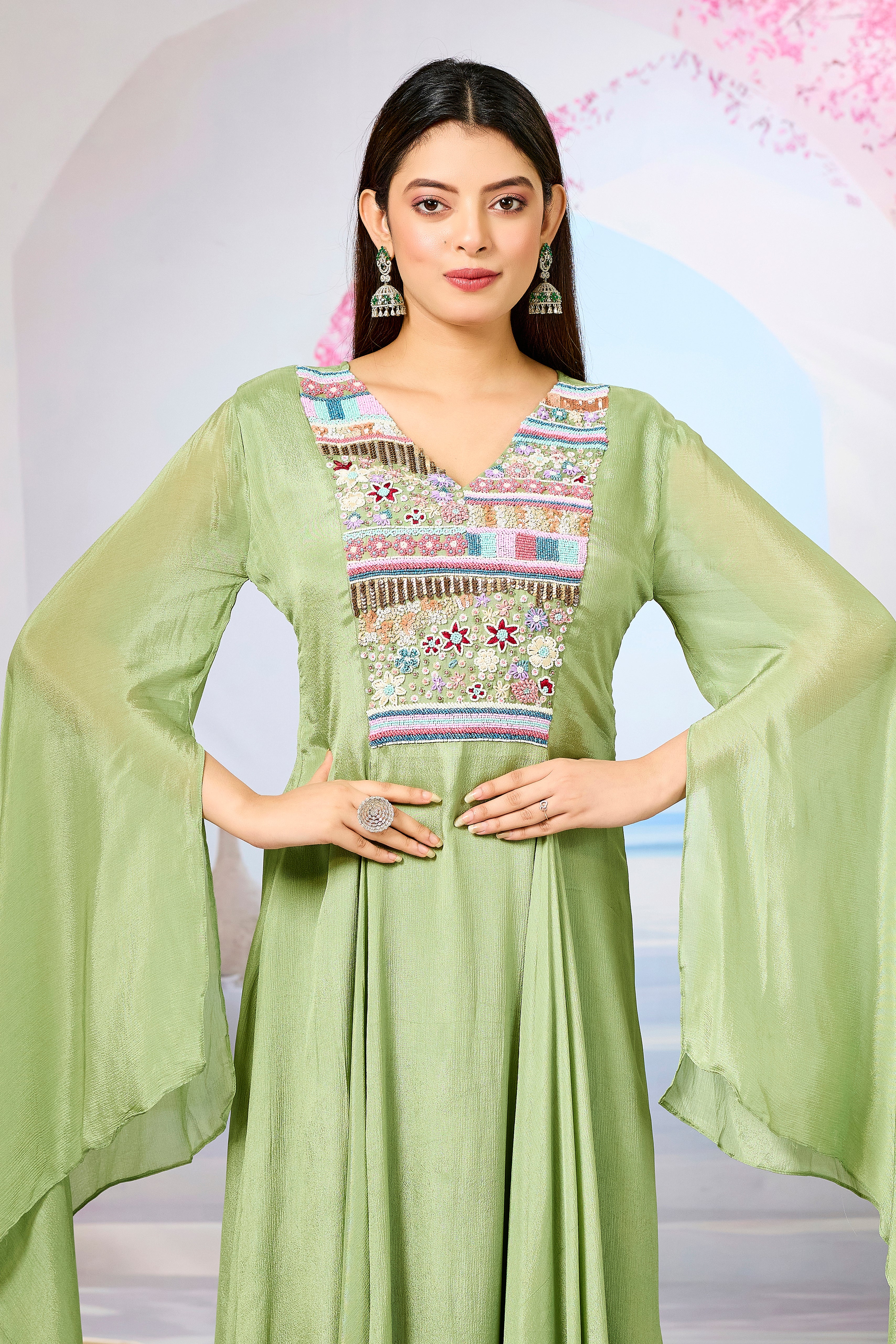 Green Handwork Chinon Silk Dress