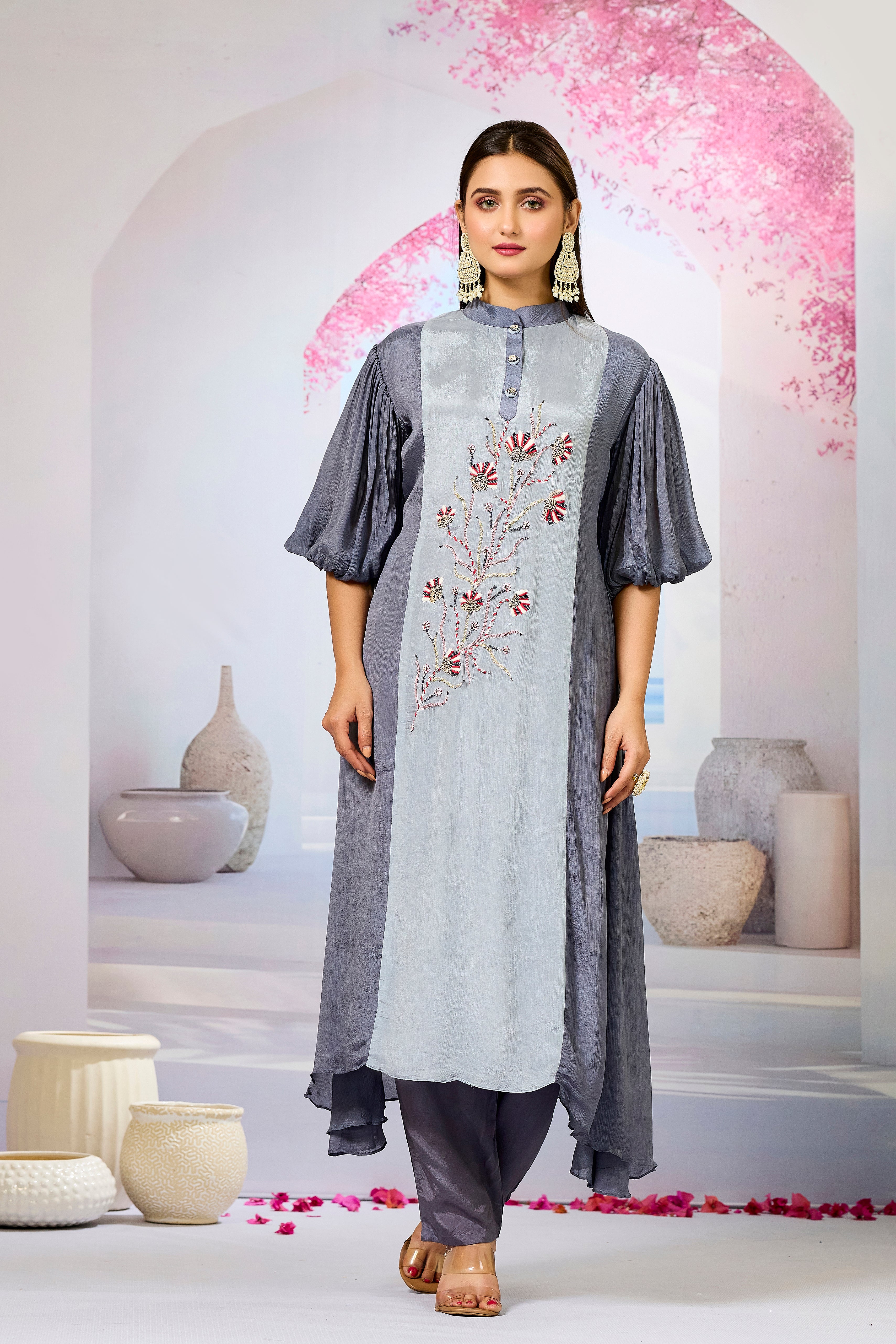 Grey Shaded Chinon Silk Kurta Pants Set