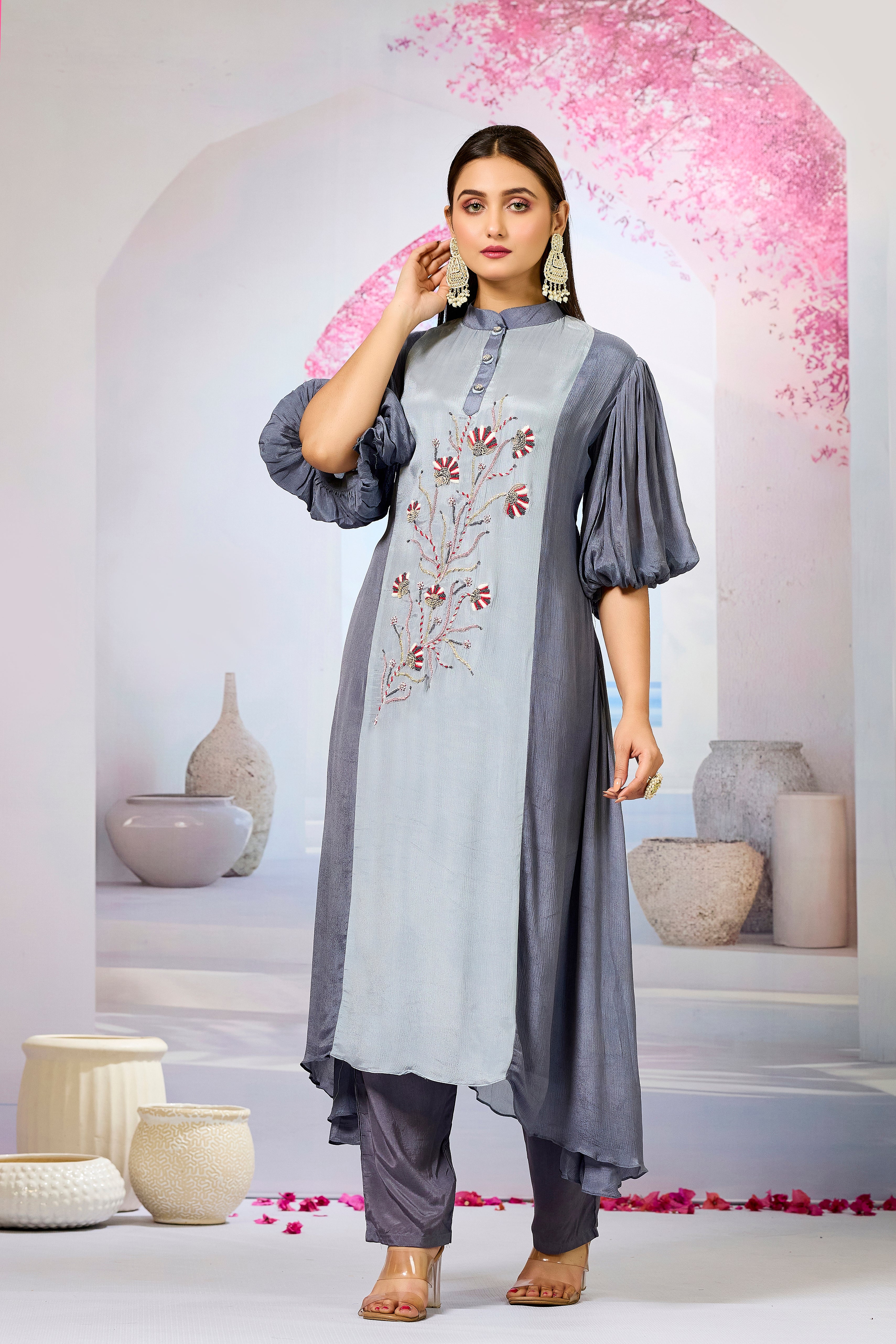 Grey Shaded Chinon Silk Kurta Pants Set