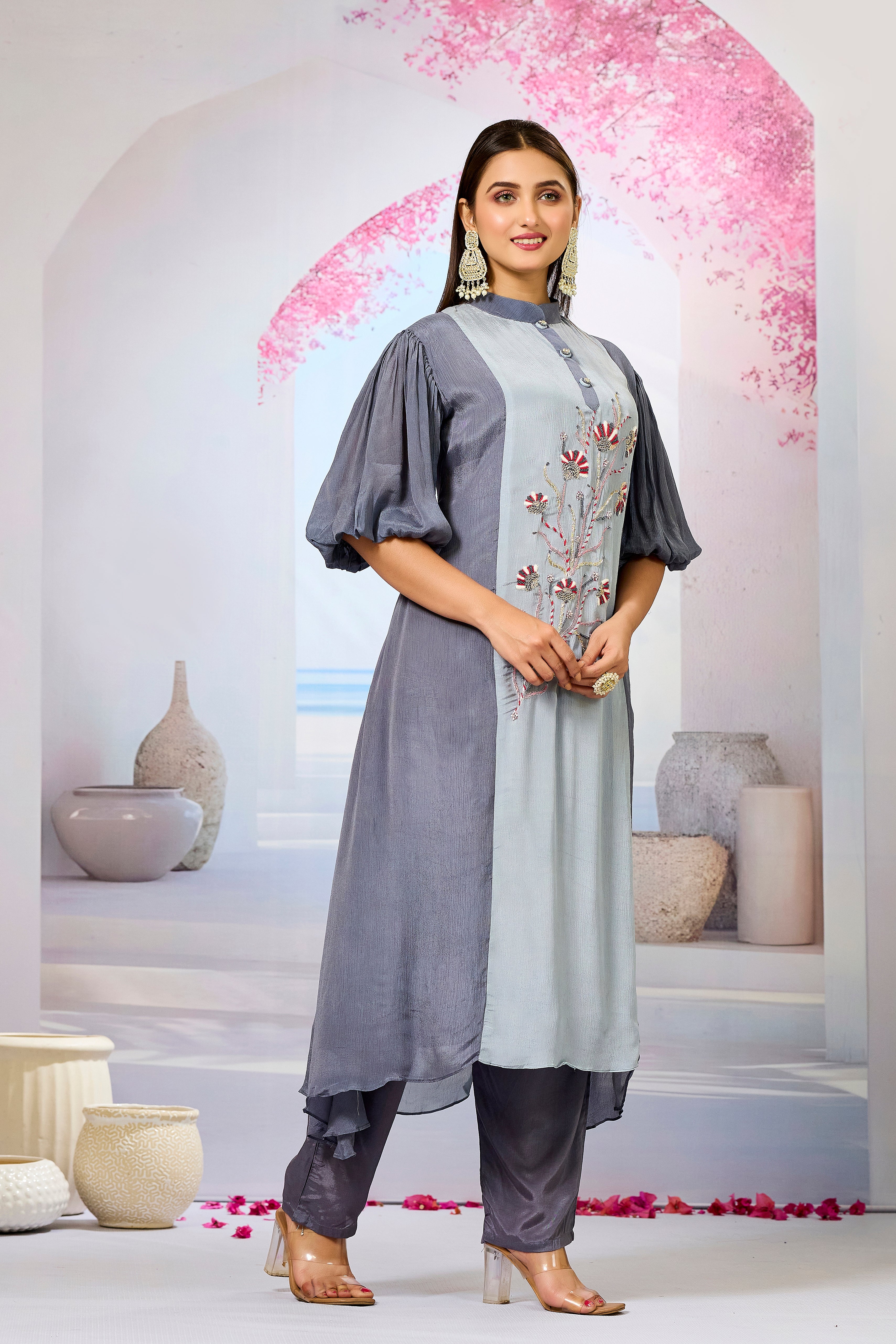 Grey Shaded Chinon Silk Kurta Pants Set
