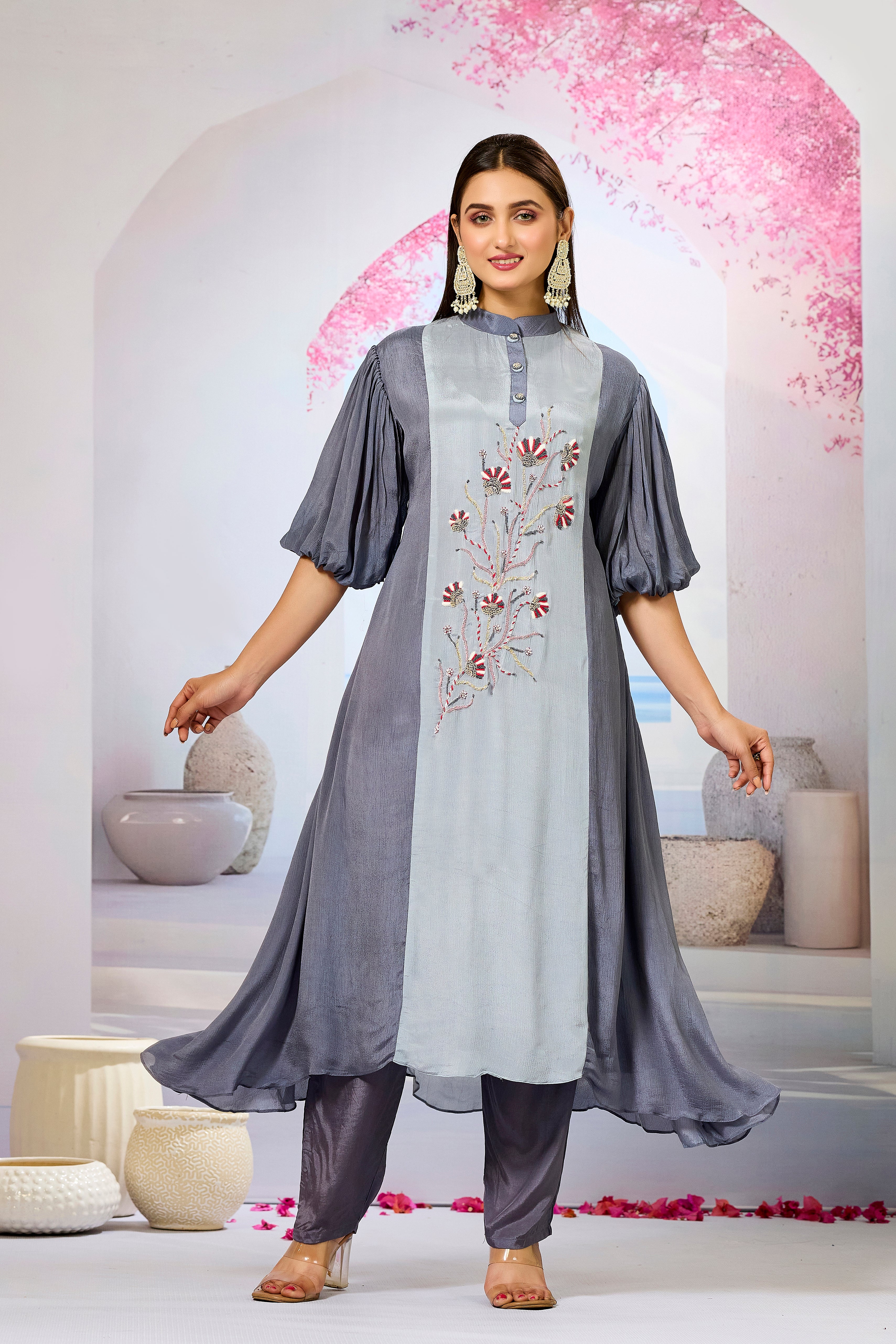 Grey Shaded Chinon Silk Kurta Pants Set