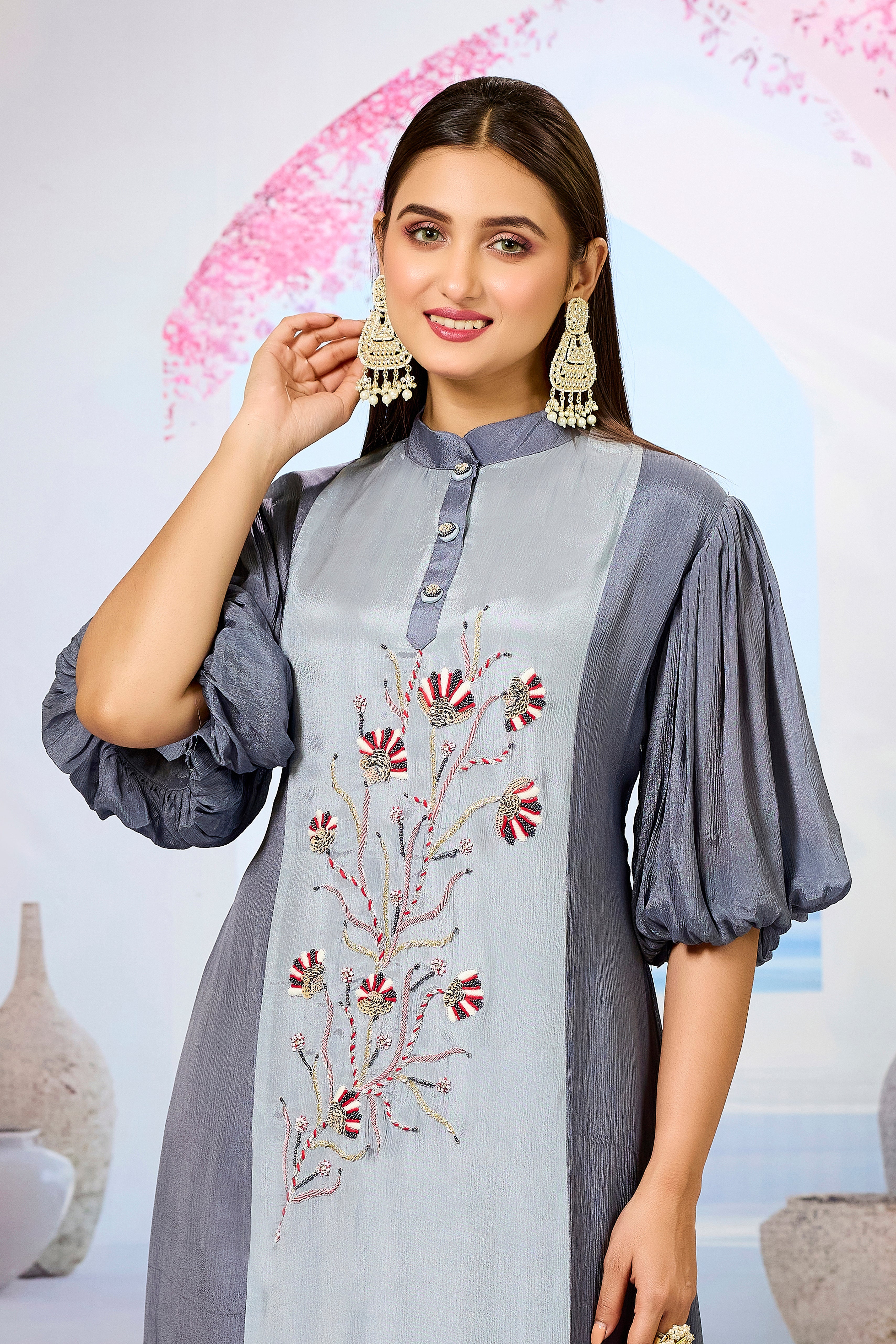 Grey Shaded Chinon Silk Kurta Pants Set