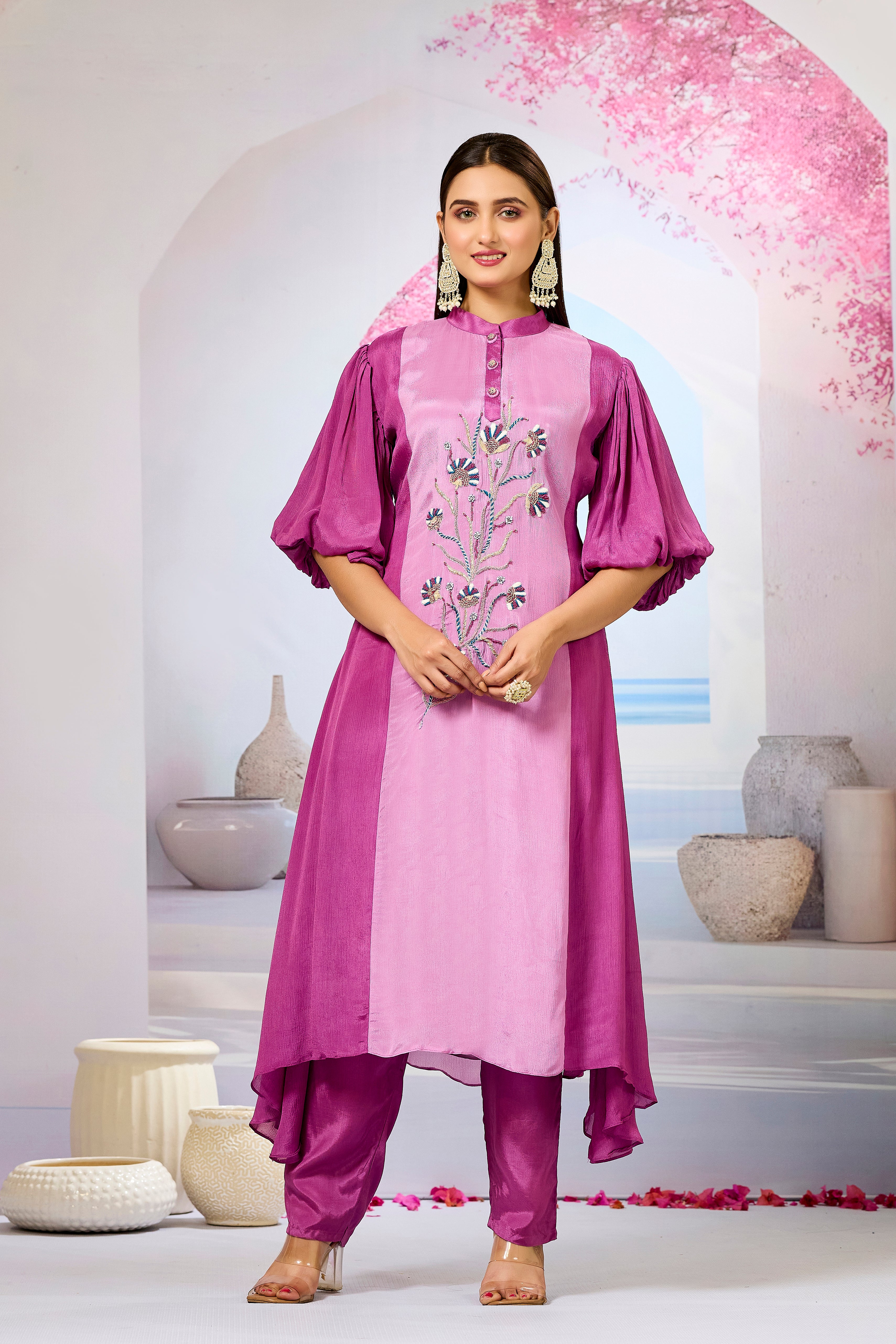 Pink Shaded Chinon Silk Kurta Pants Set