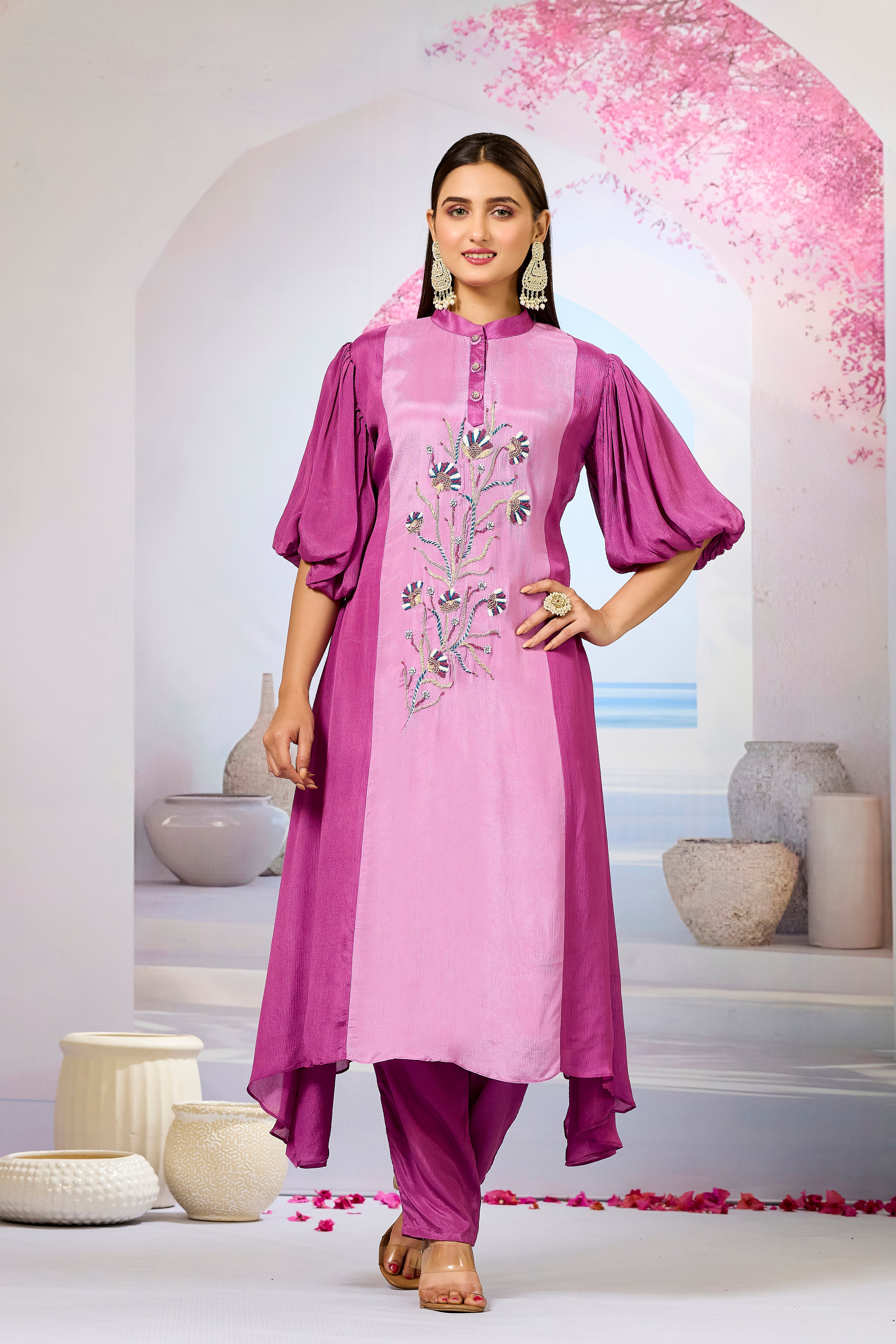 Pink Shaded Chinon Silk Kurta Pants Set