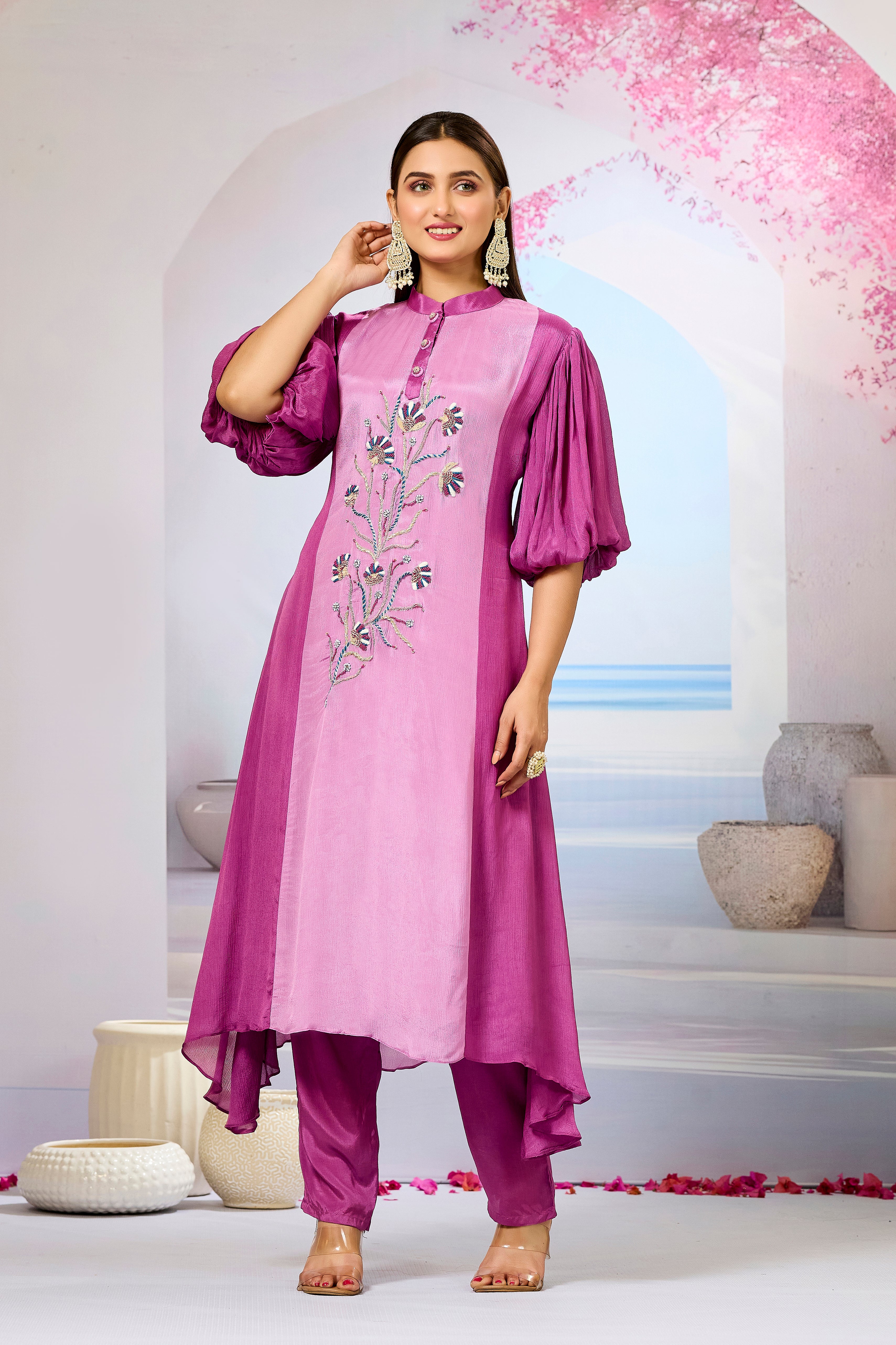 Pink Shaded Chinon Silk Kurta Pants Set