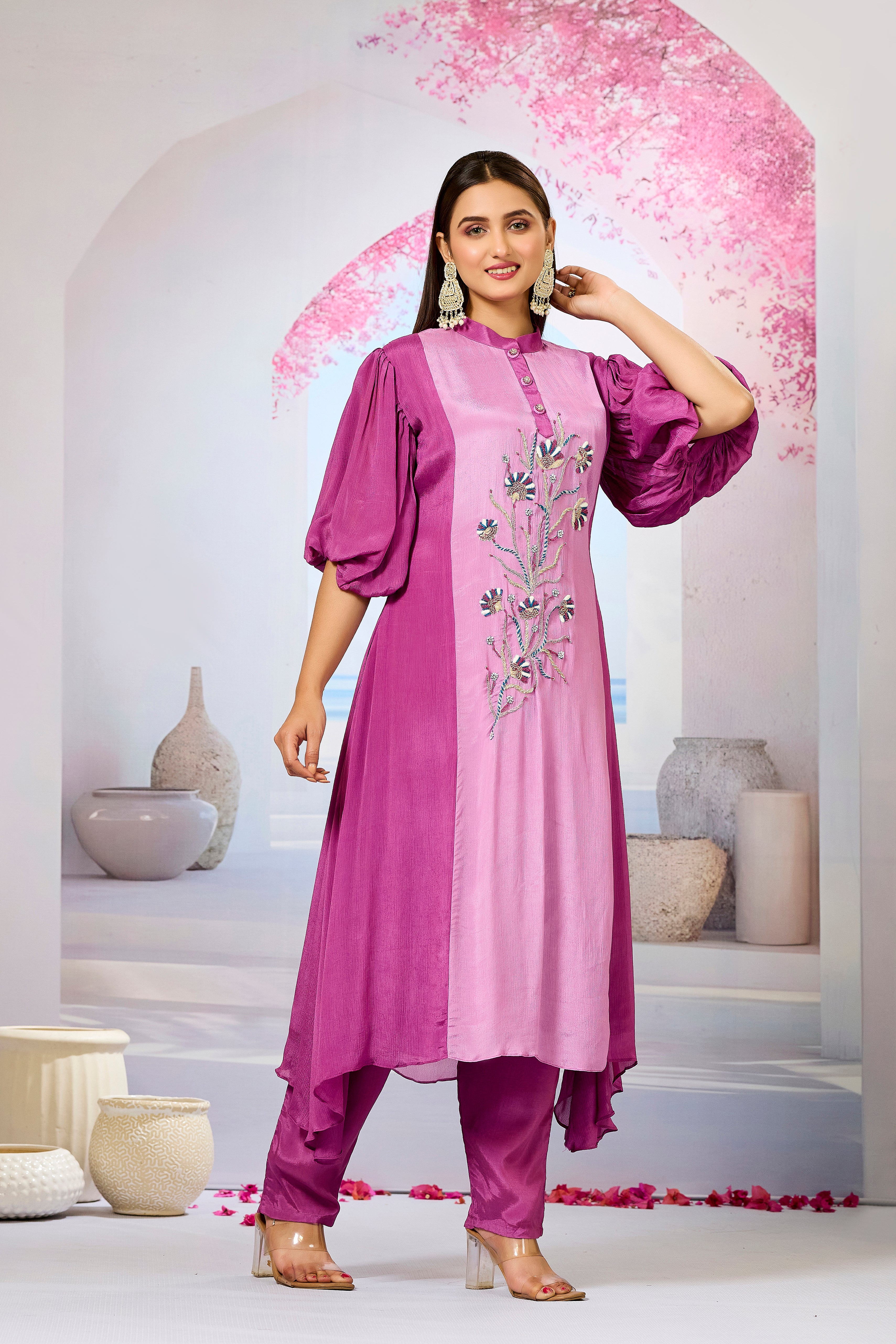 Pink Shaded Chinon Silk Kurta Pants Set