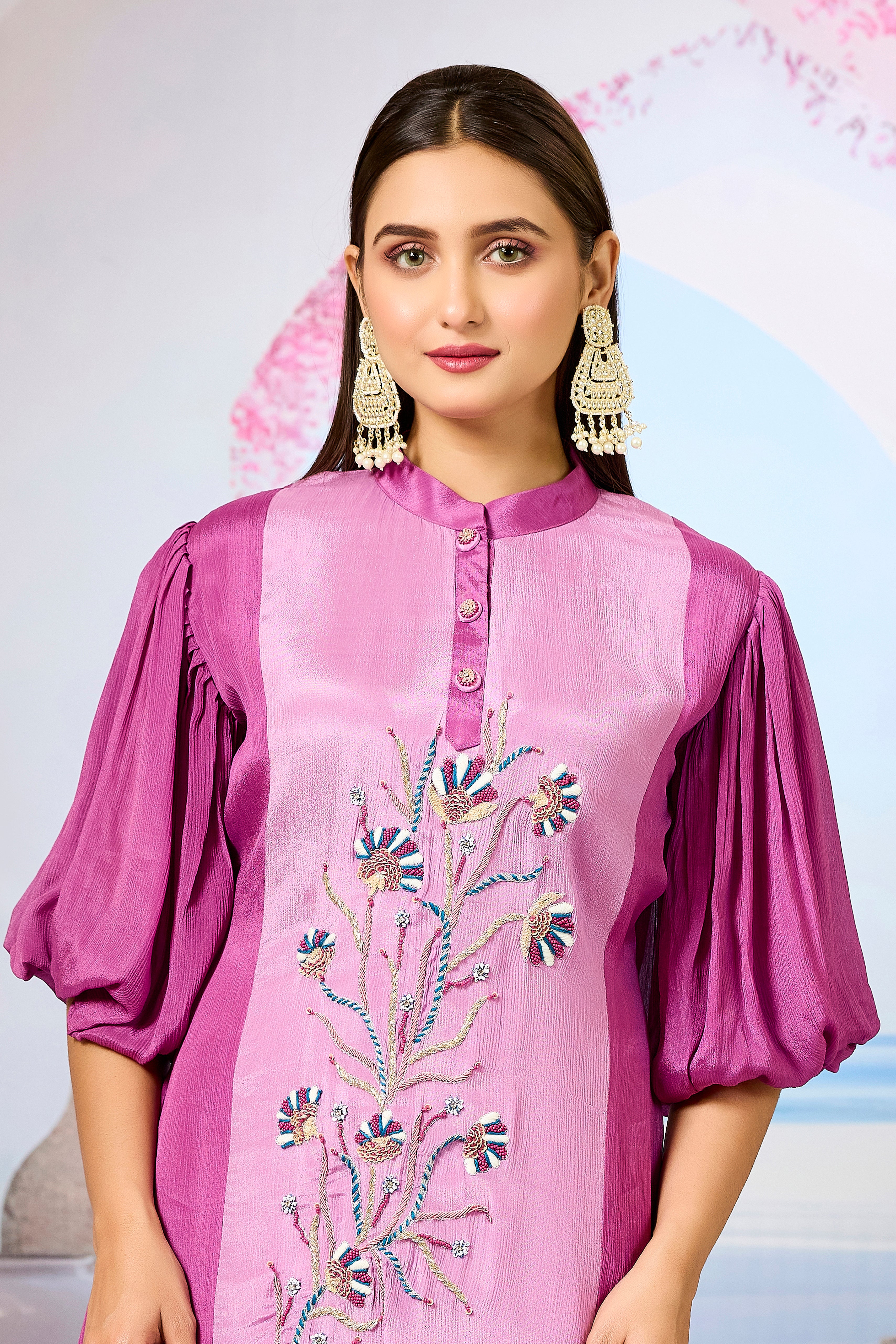 Pink Shaded Chinon Silk Kurta Pants Set