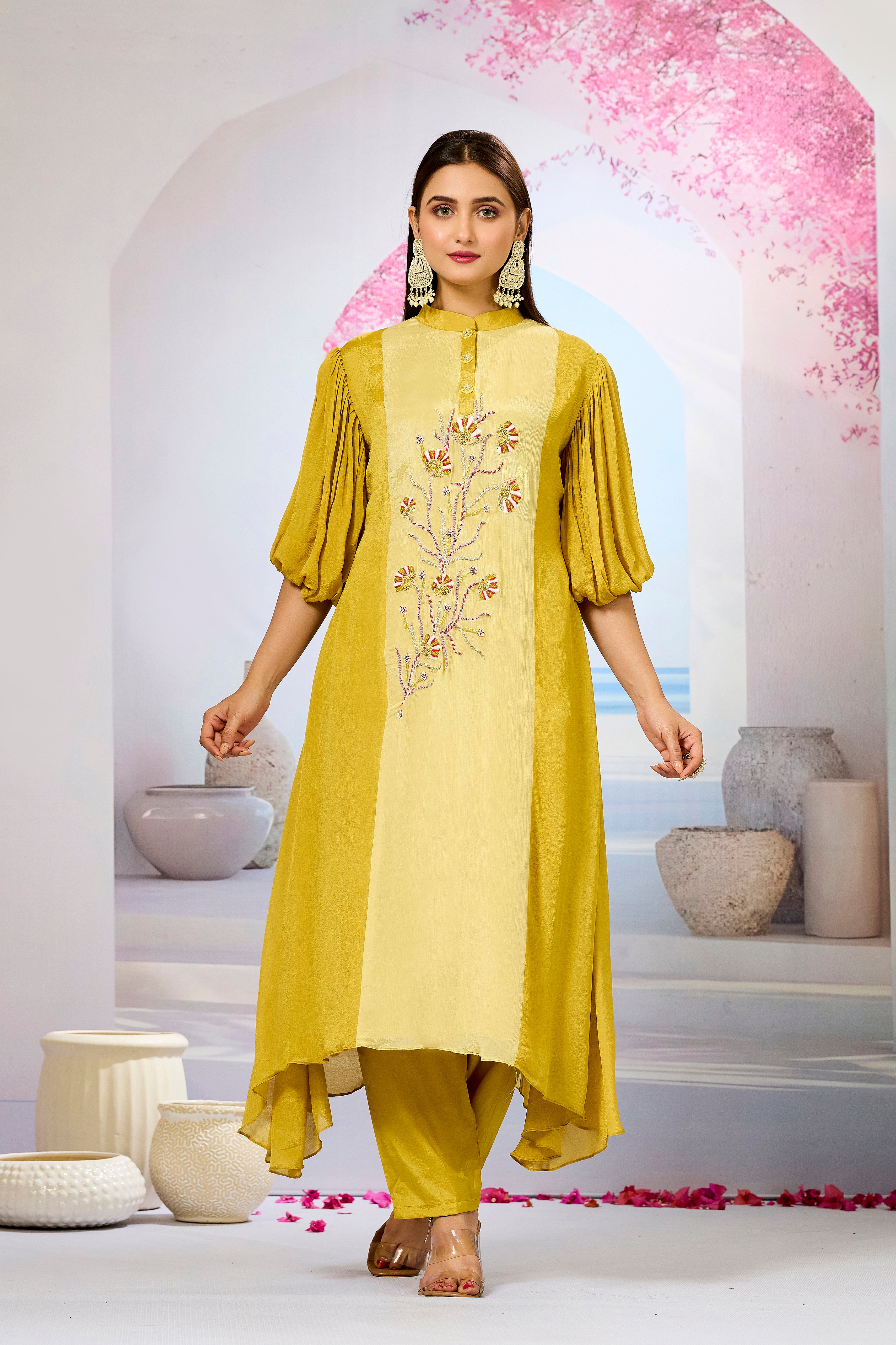 Yellow Shaded Chinon Silk Kurta Pants Set