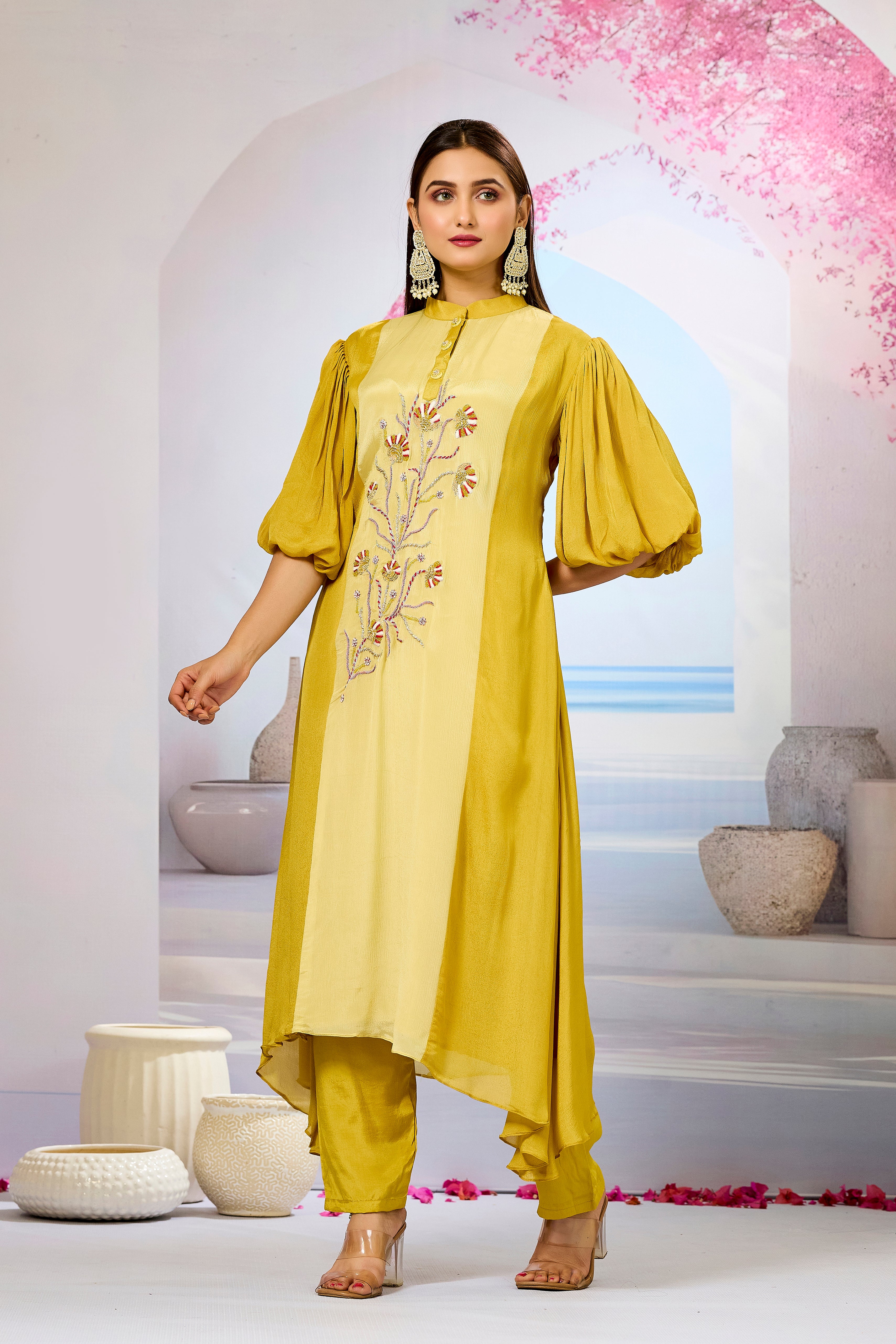 Yellow Shaded Chinon Silk Kurta Pants Set