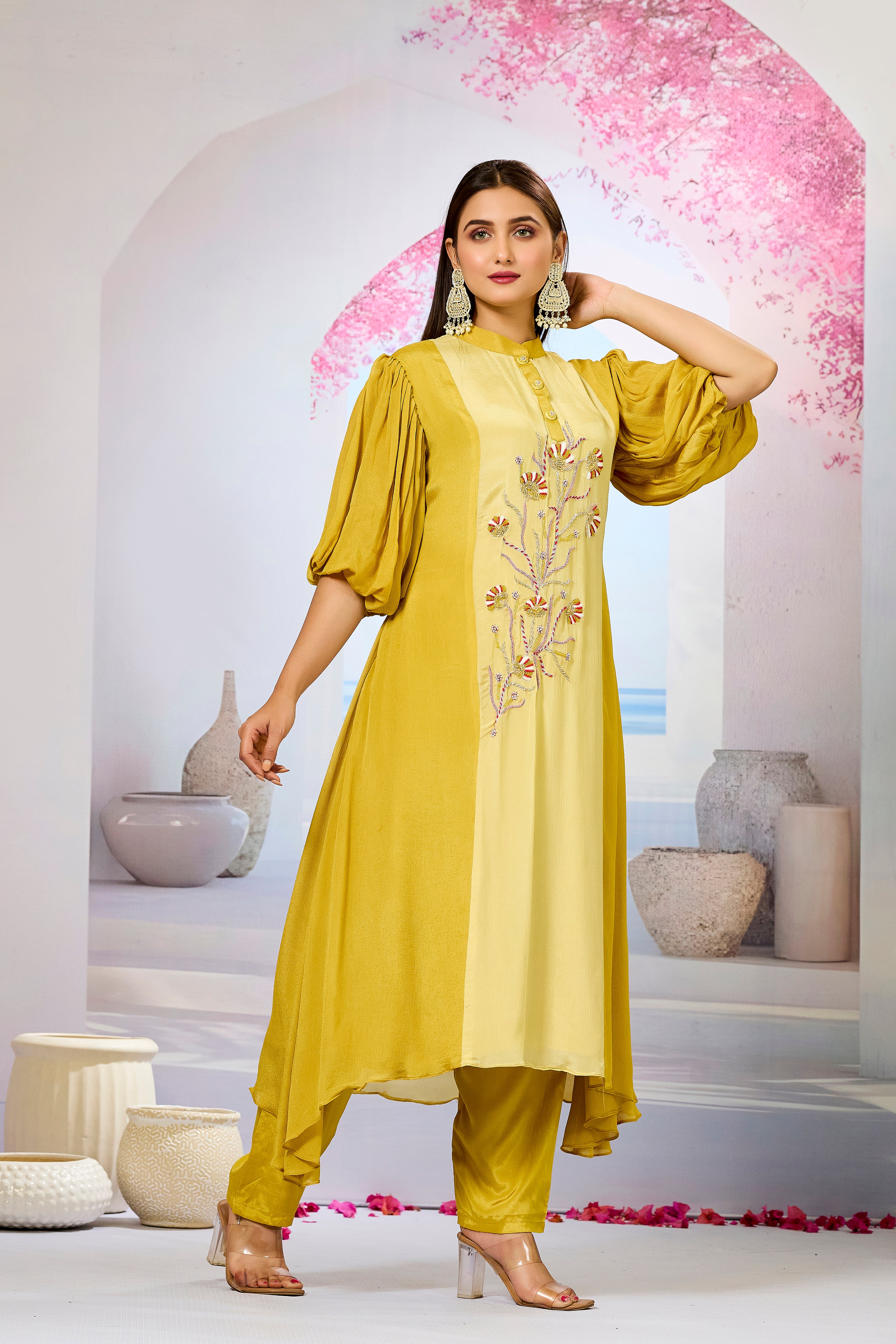 Yellow Shaded Chinon Silk Kurta Pants Set
