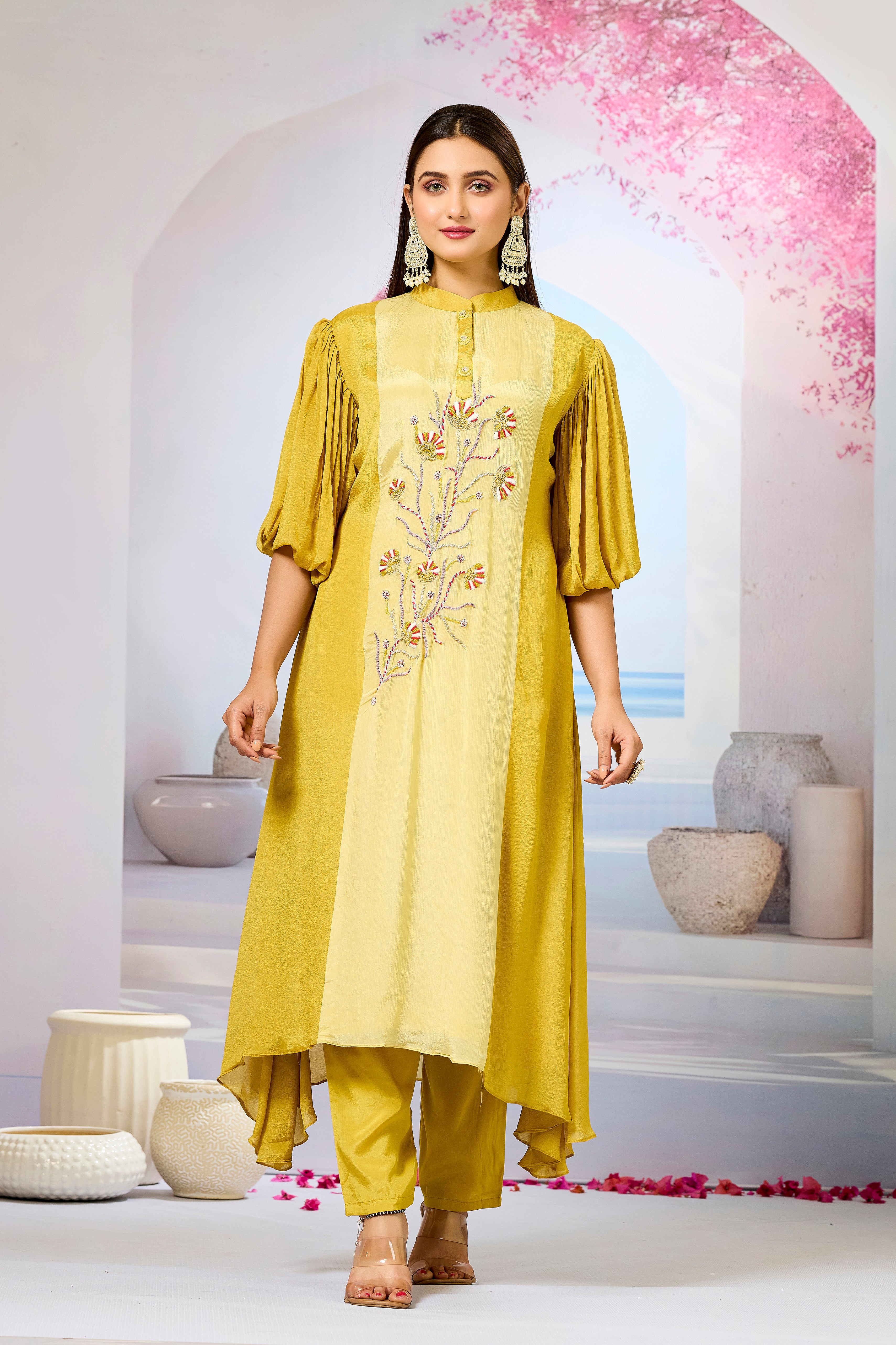 Yellow Shaded Chinon Silk Kurta Pants Set