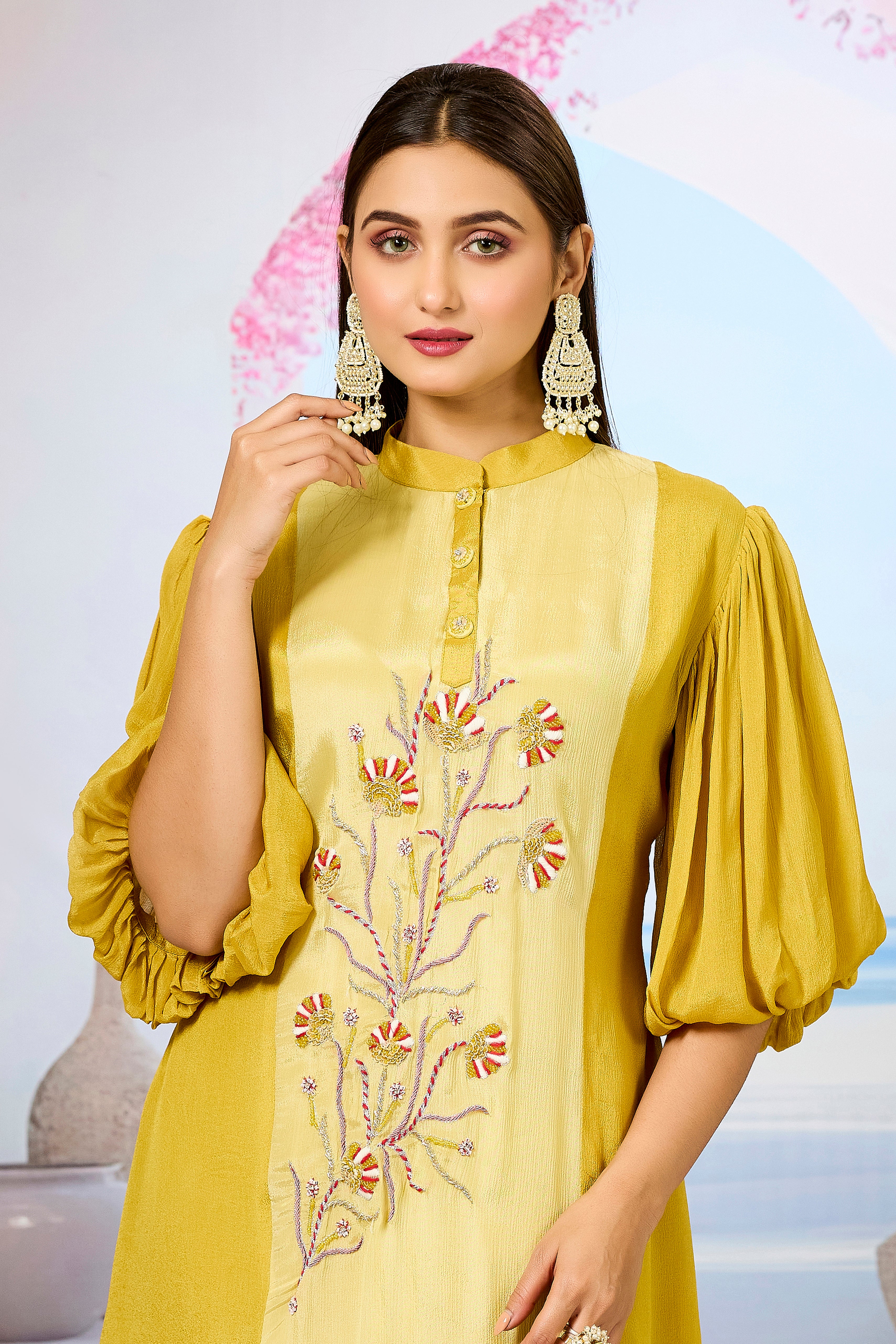 Yellow Shaded Chinon Silk Kurta Pants Set
