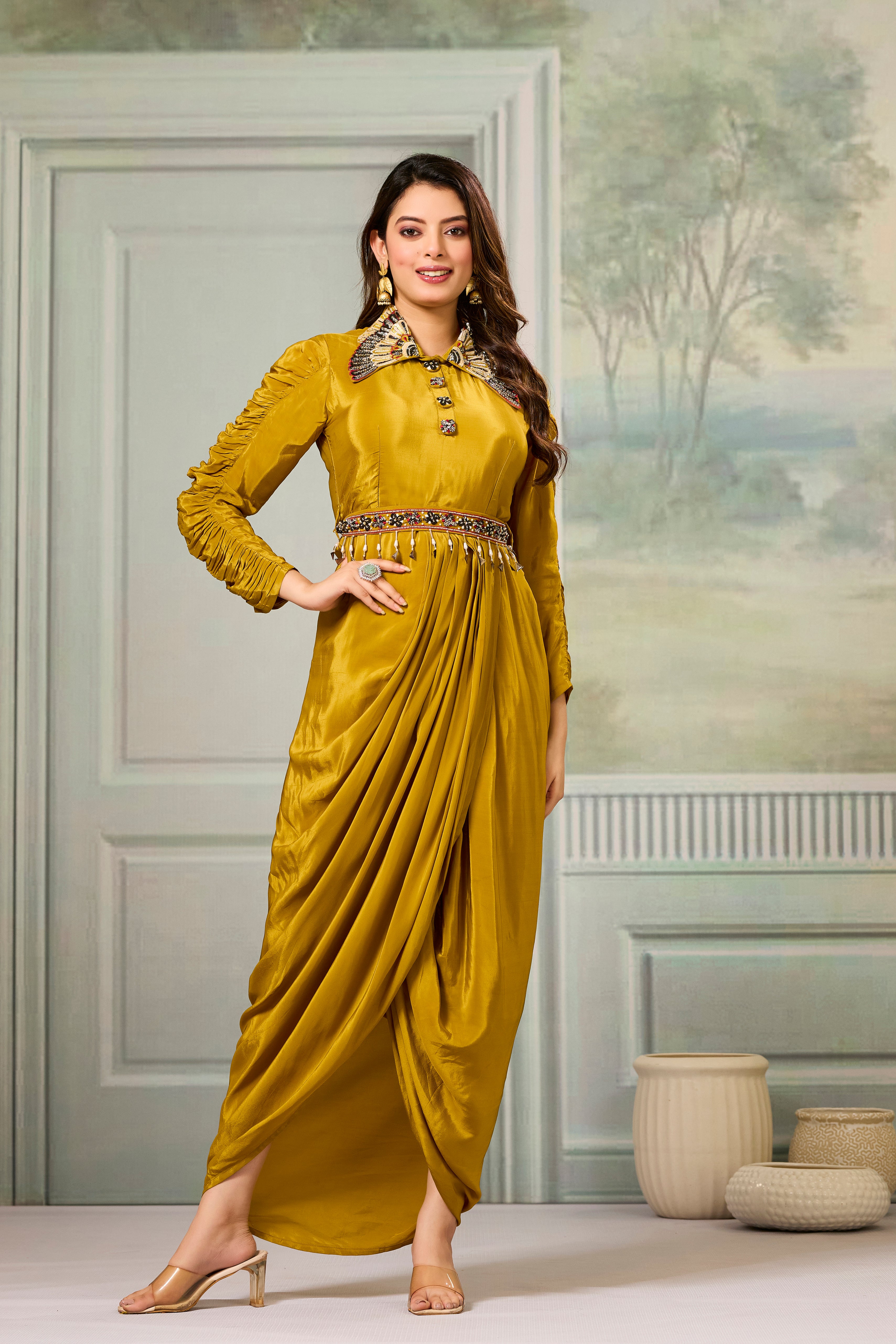 Golden Embellished Crepe Silk Cowl Gown