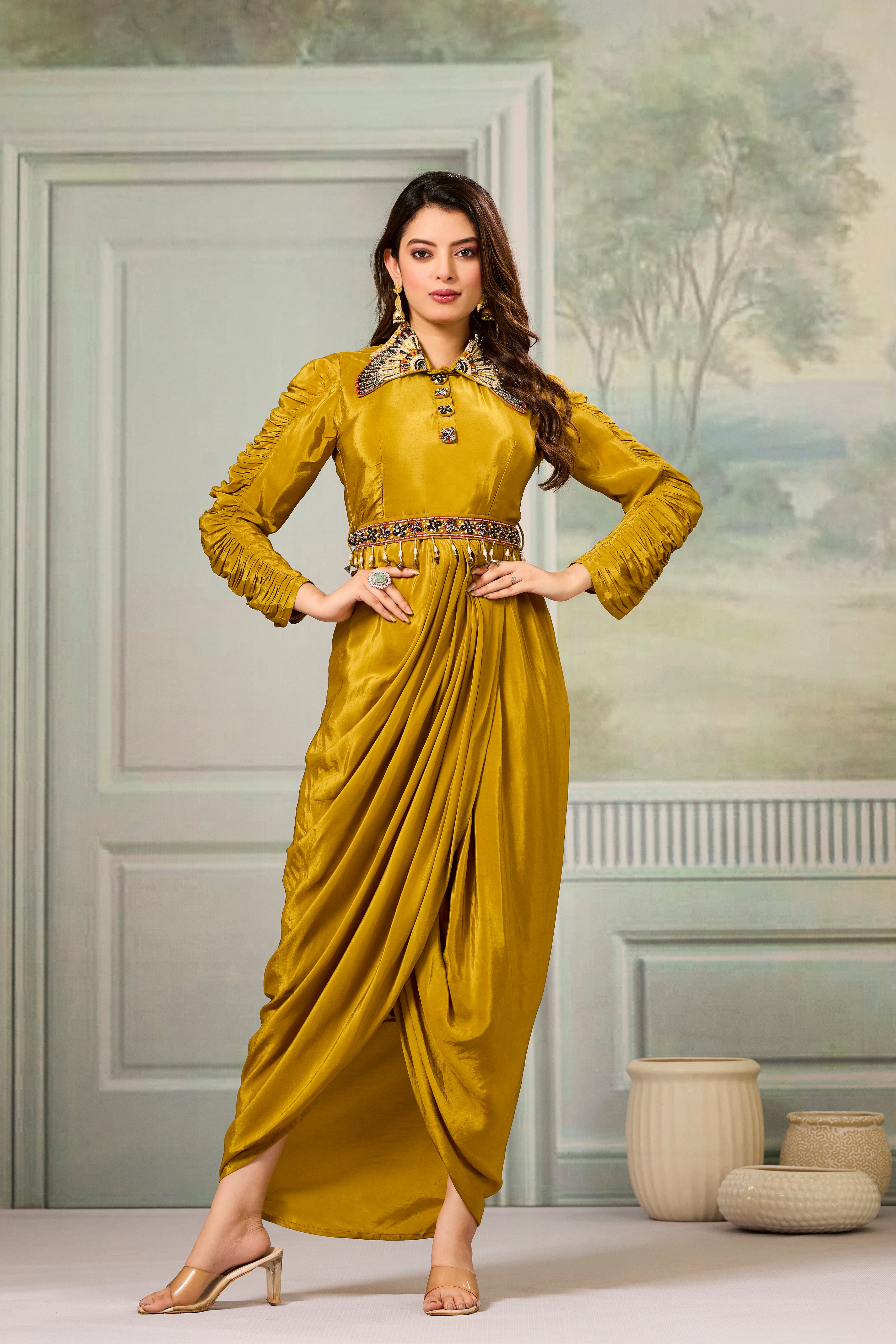 Golden Embellished Crepe Silk Cowl Gown