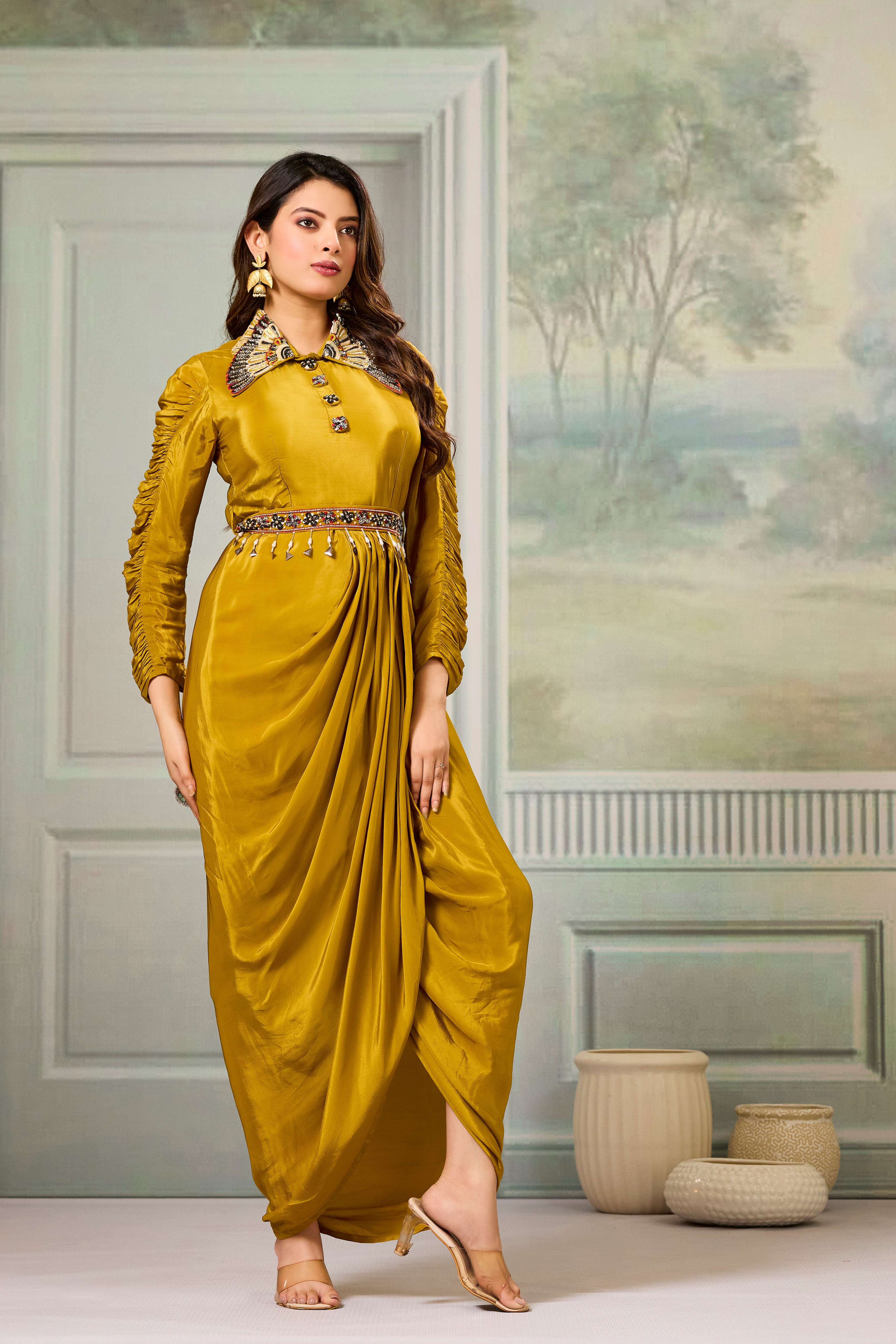 Golden Embellished Crepe Silk Cowl Gown