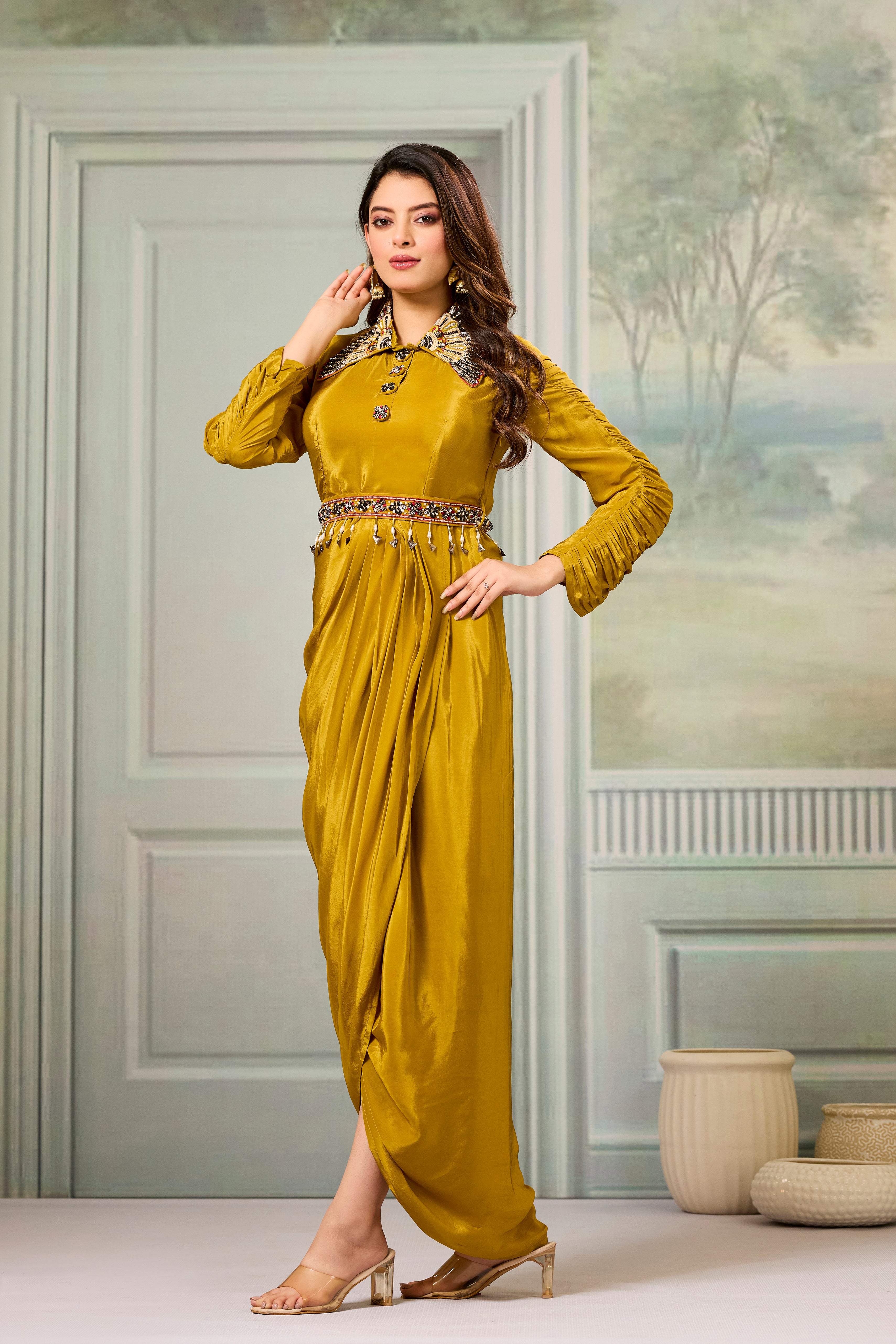 Golden Embellished Crepe Silk Cowl Gown