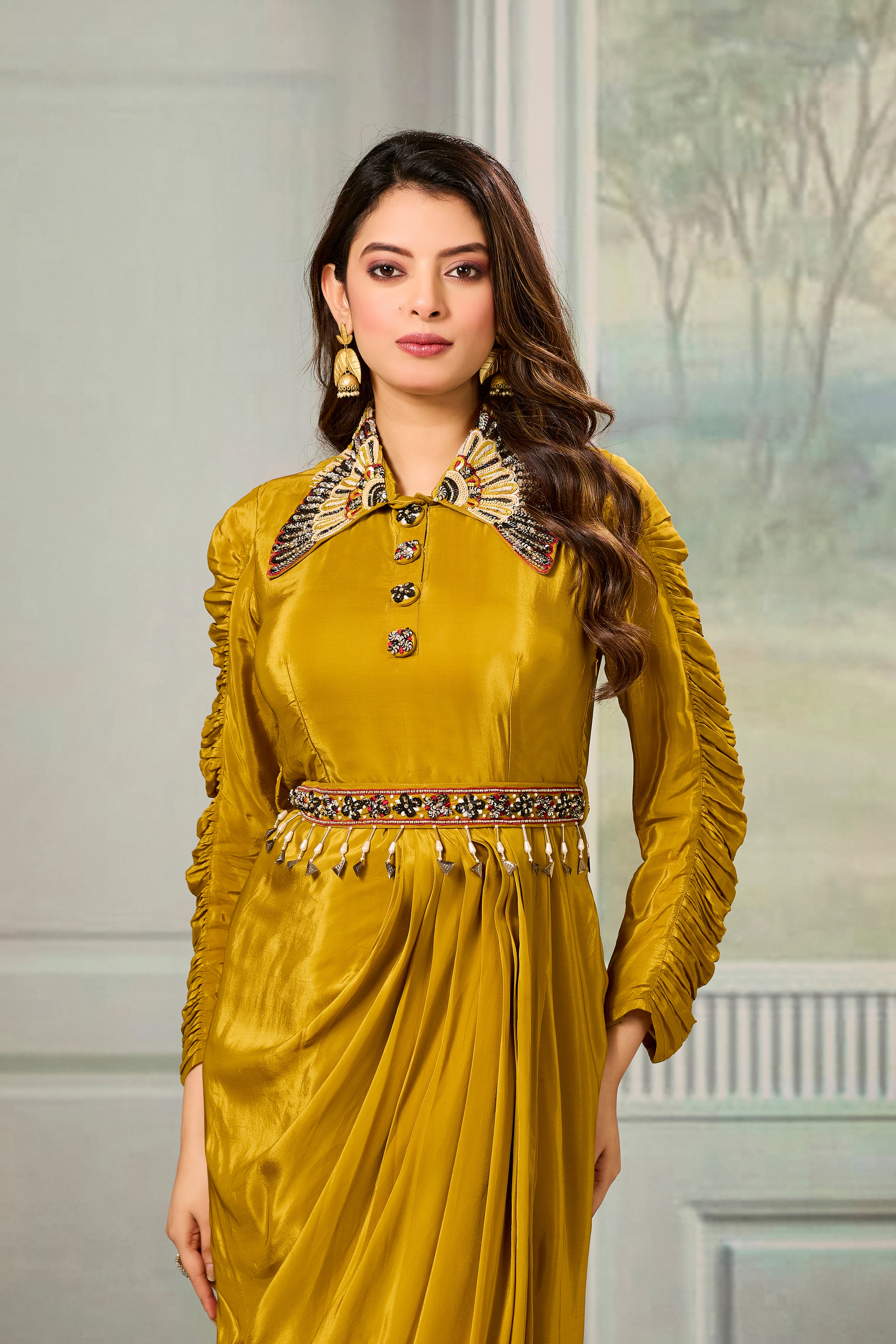 Golden Embellished Crepe Silk Cowl Gown
