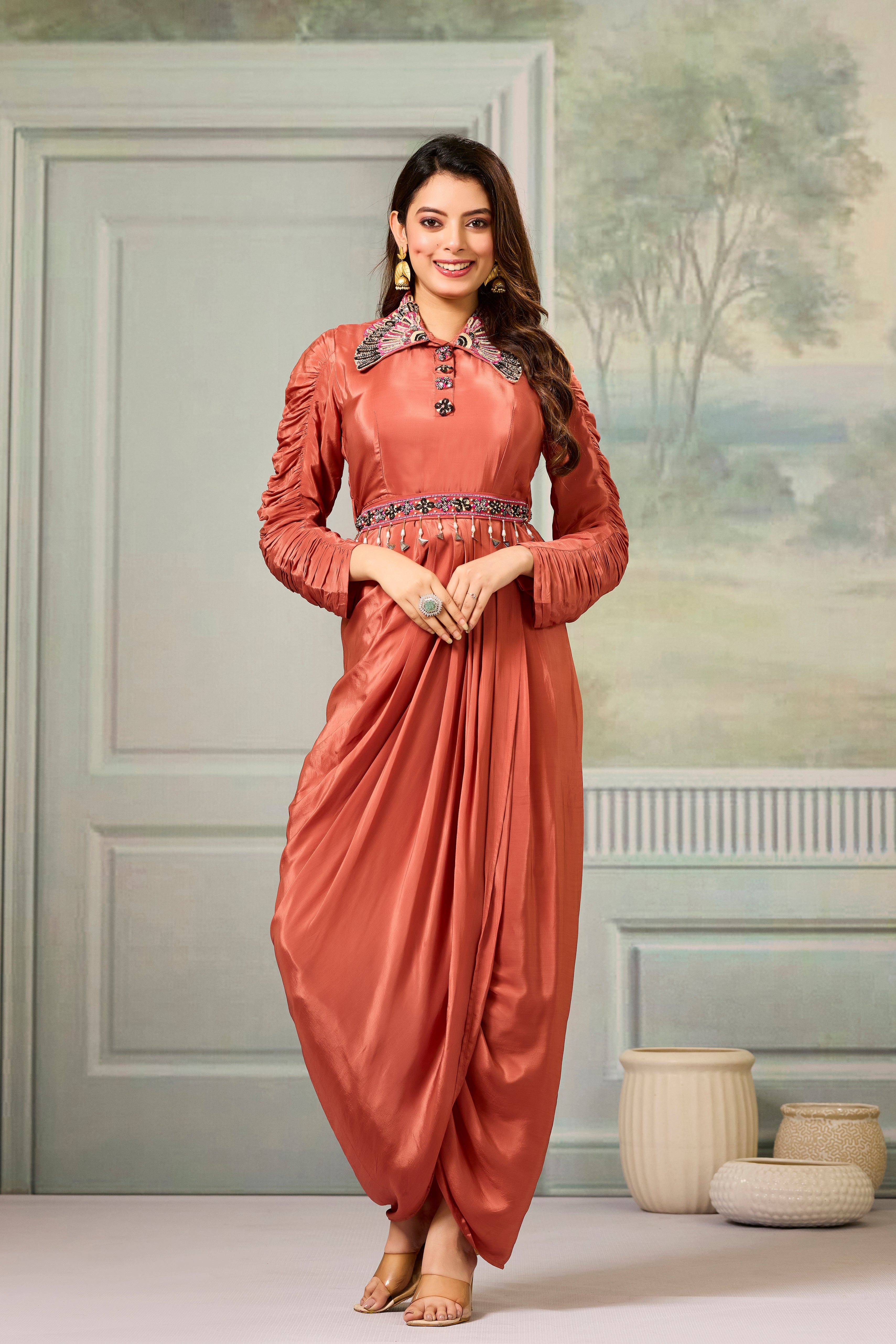 Maroon Embellished Crepe Silk Cowl Gown