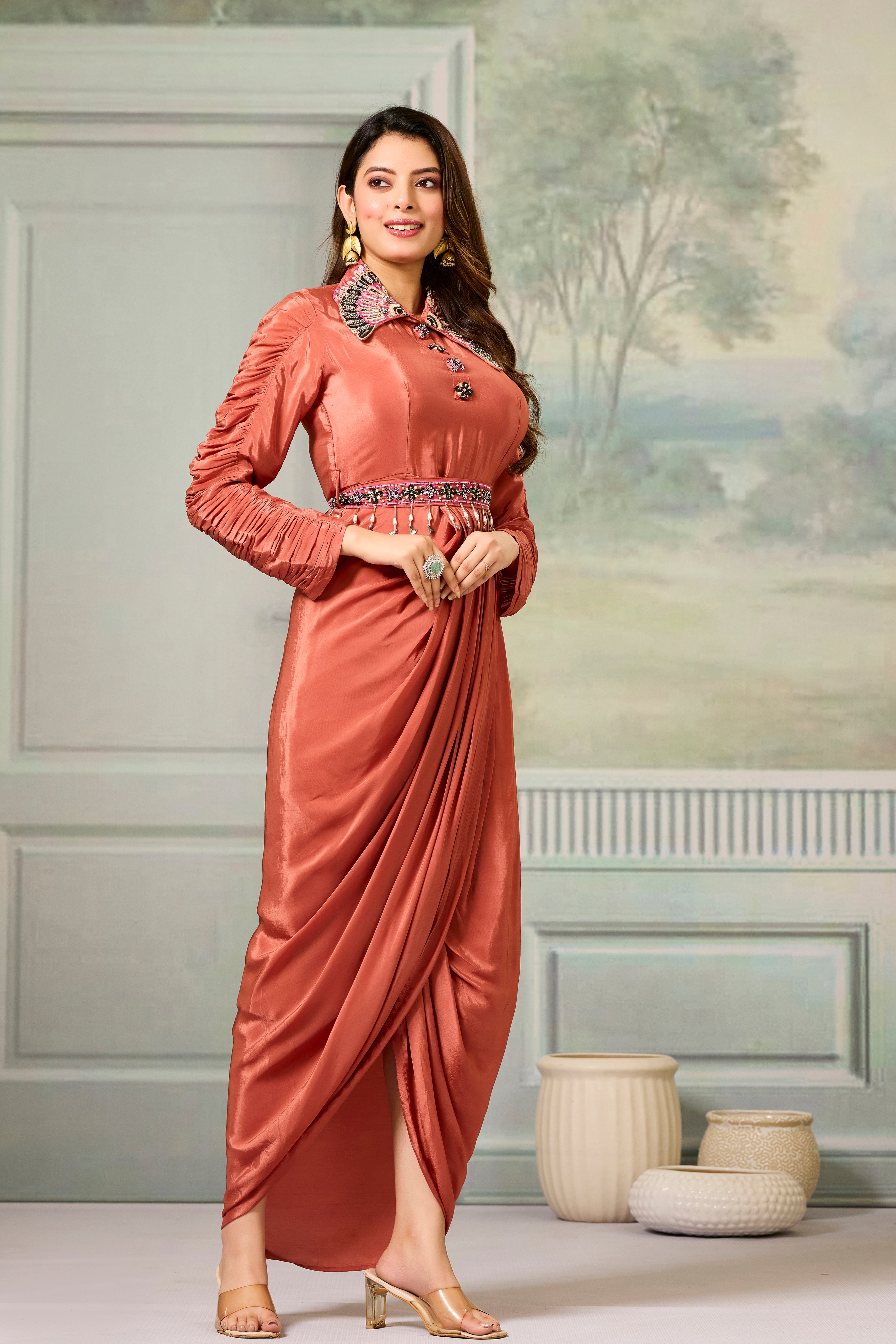 Maroon Embellished Crepe Silk Cowl Gown