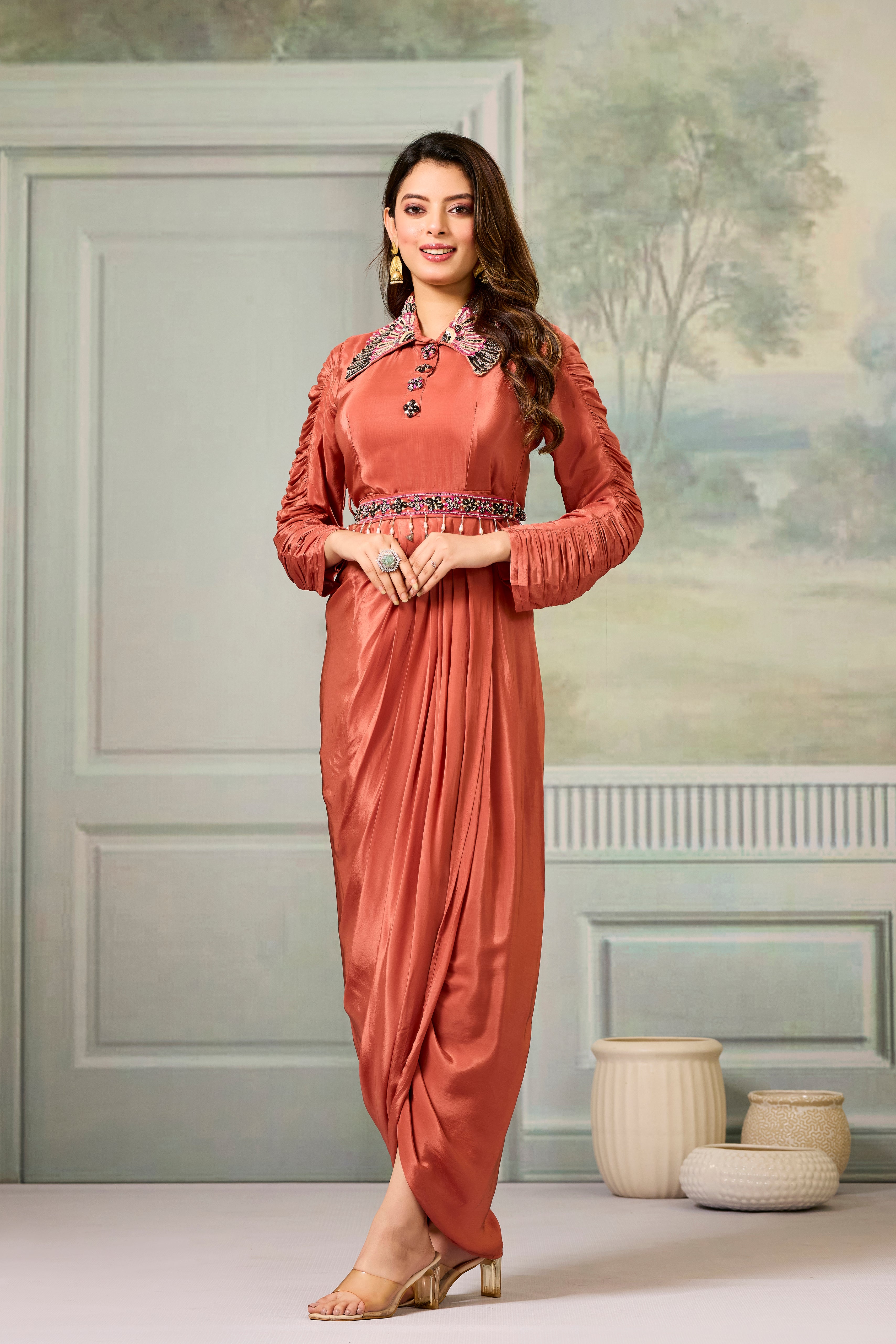 Maroon Embellished Crepe Silk Cowl Gown