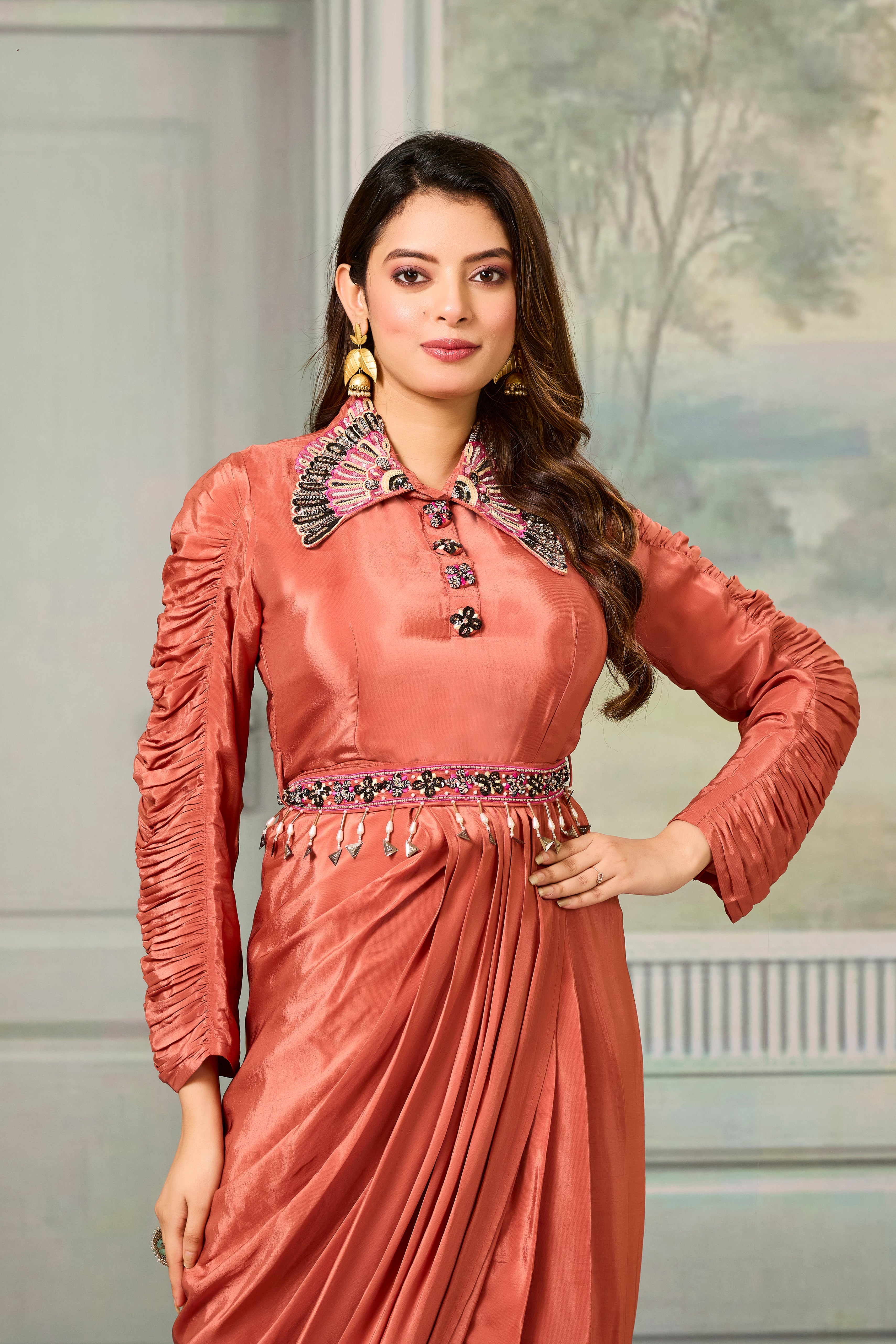 Maroon Embellished Crepe Silk Cowl Gown