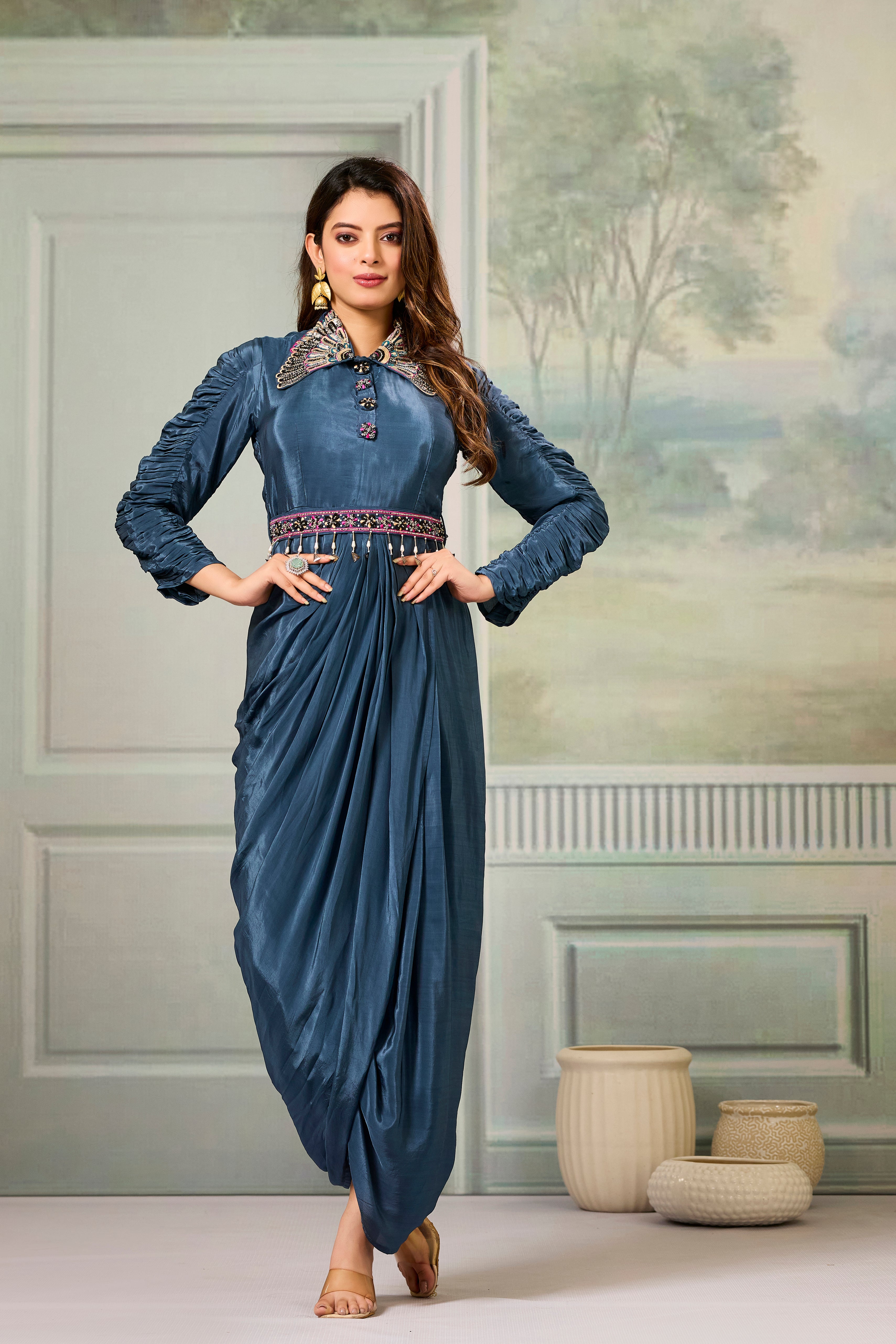 Teal Embellished Crepe Silk Cowl Gown