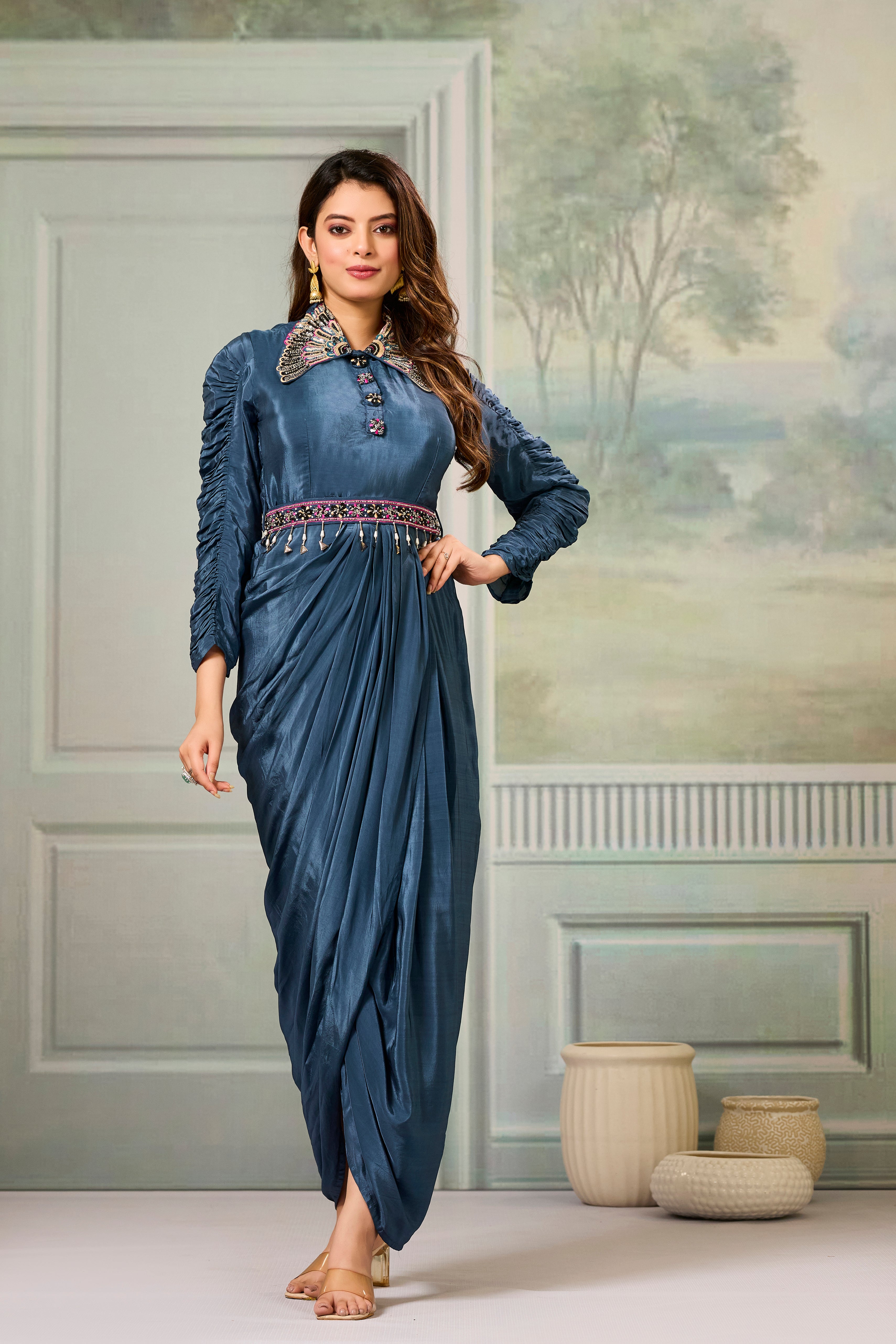 Teal Embellished Crepe Silk Cowl Gown