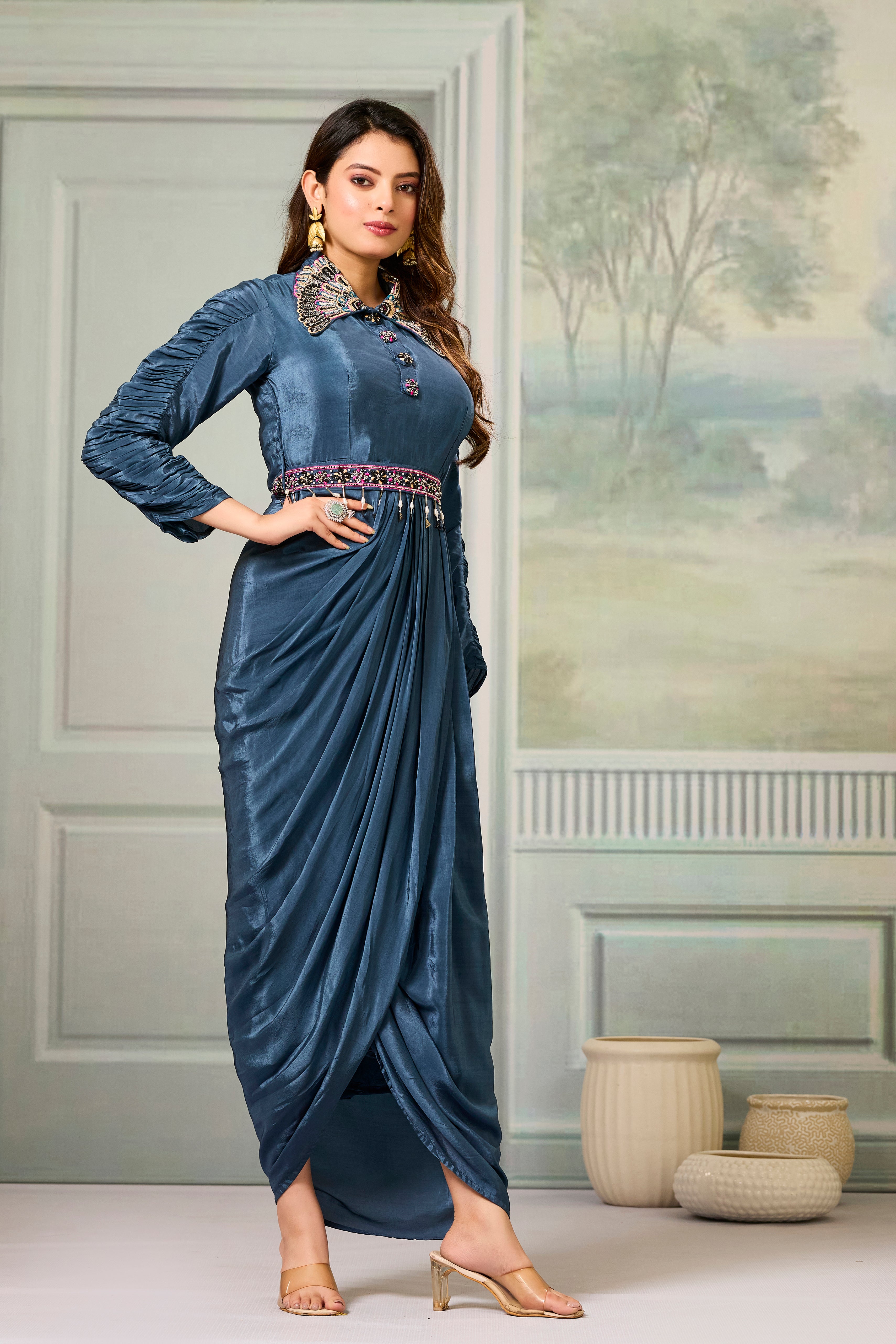 Teal Embellished Crepe Silk Cowl Gown