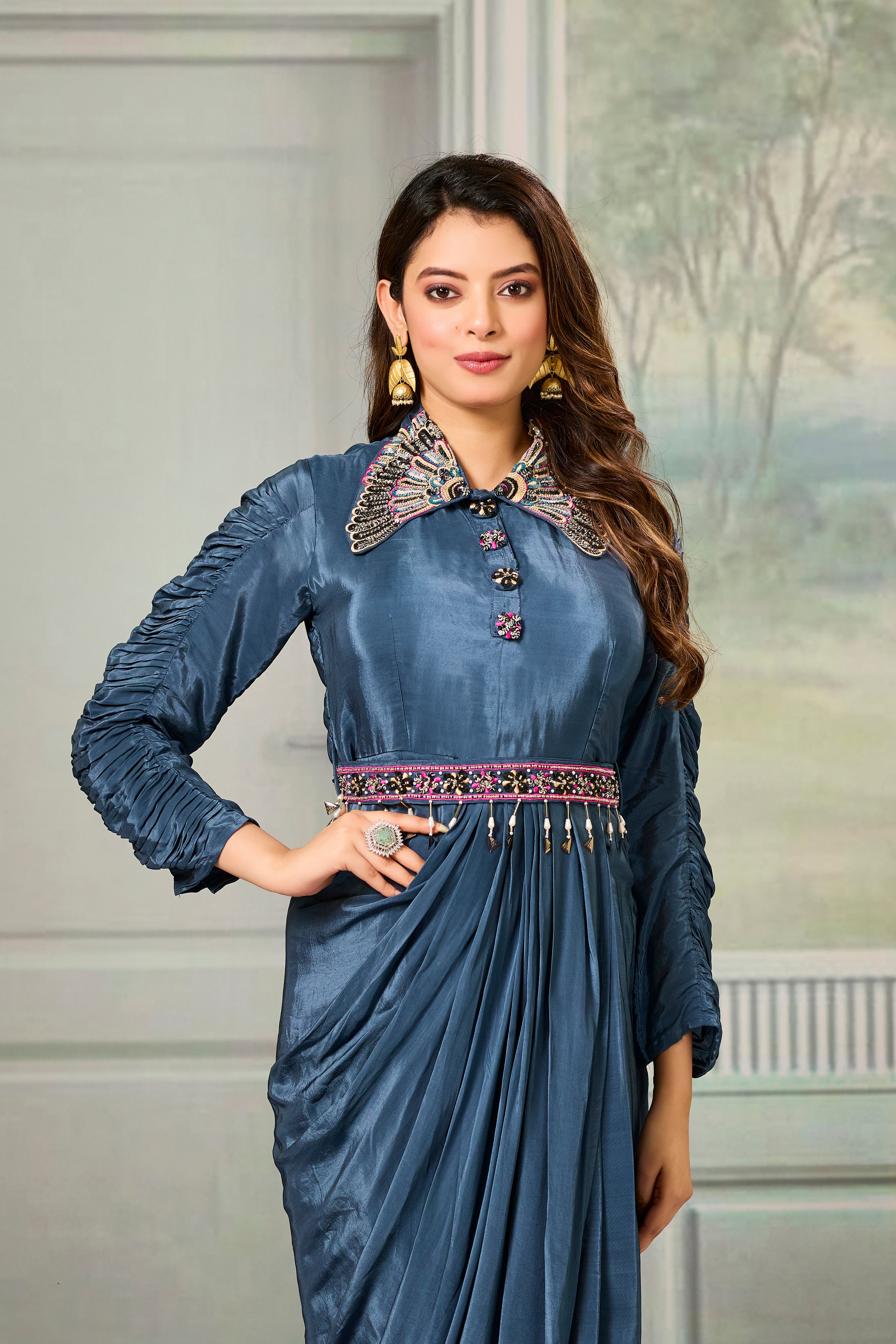 Teal Embellished Crepe Silk Cowl Gown