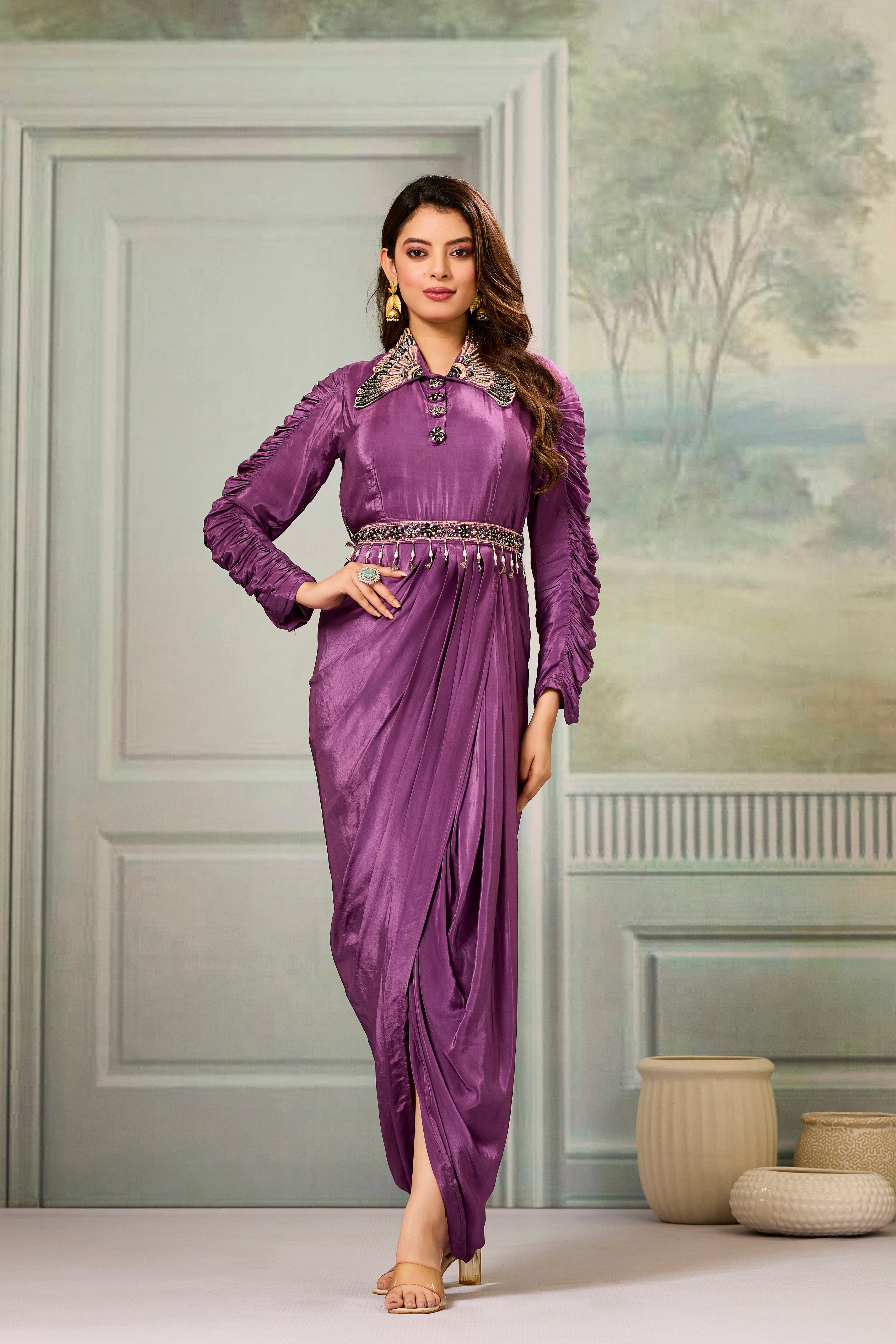 Mauve Embellished Crepe Silk Cowl Gown