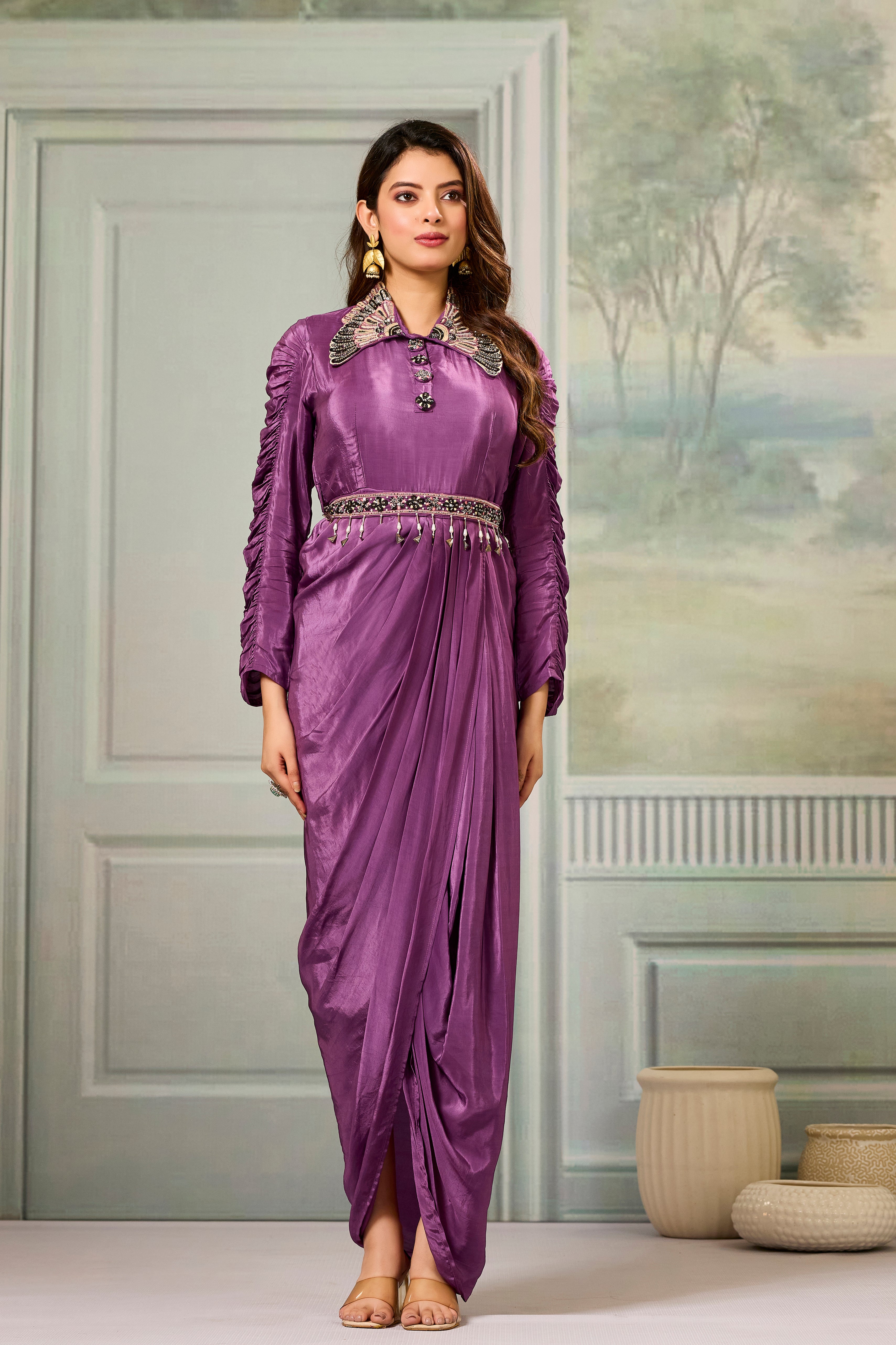 Mauve Embellished Crepe Silk Cowl Gown