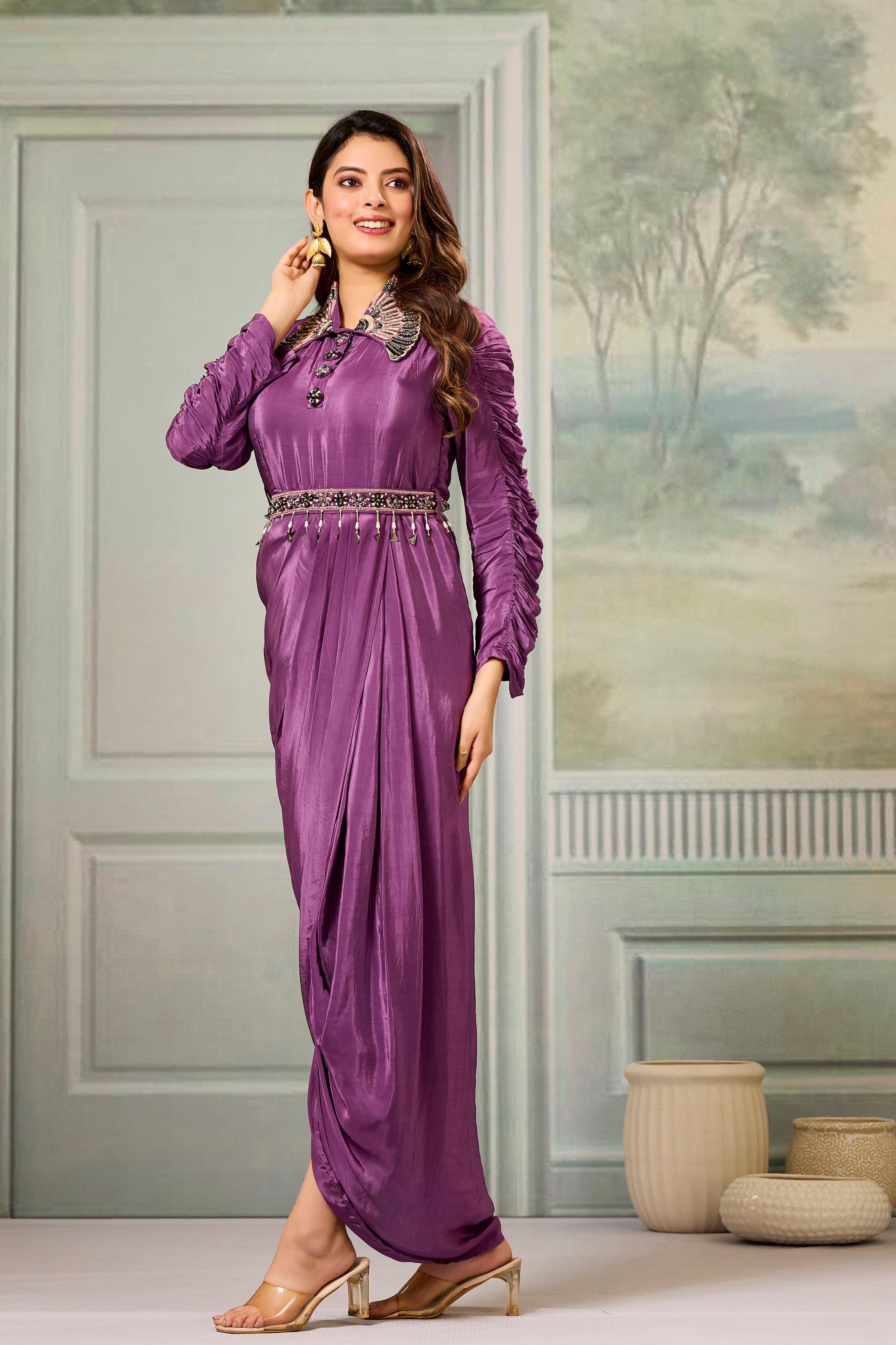 Mauve Embellished Crepe Silk Cowl Gown