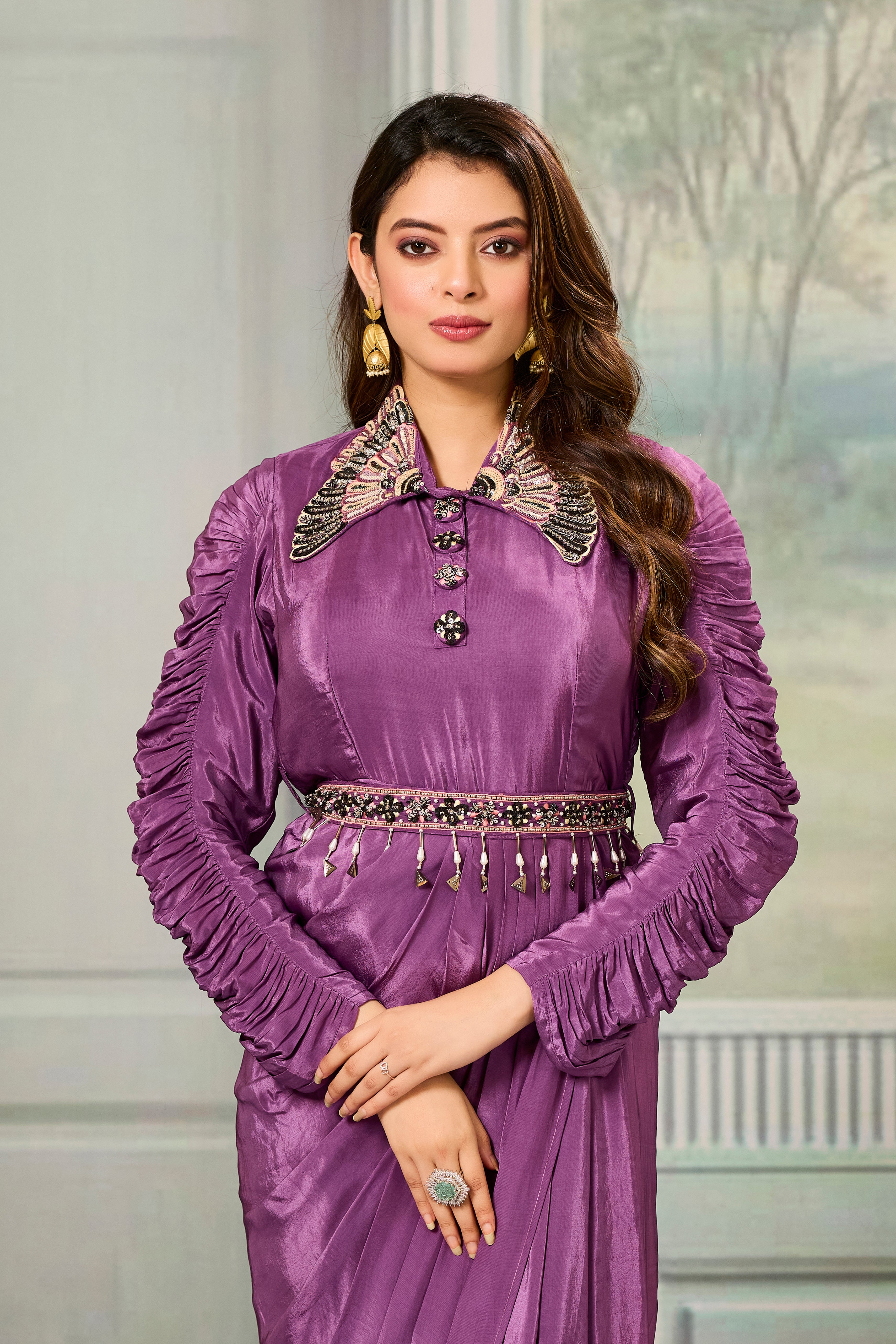 Mauve Embellished Crepe Silk Cowl Gown