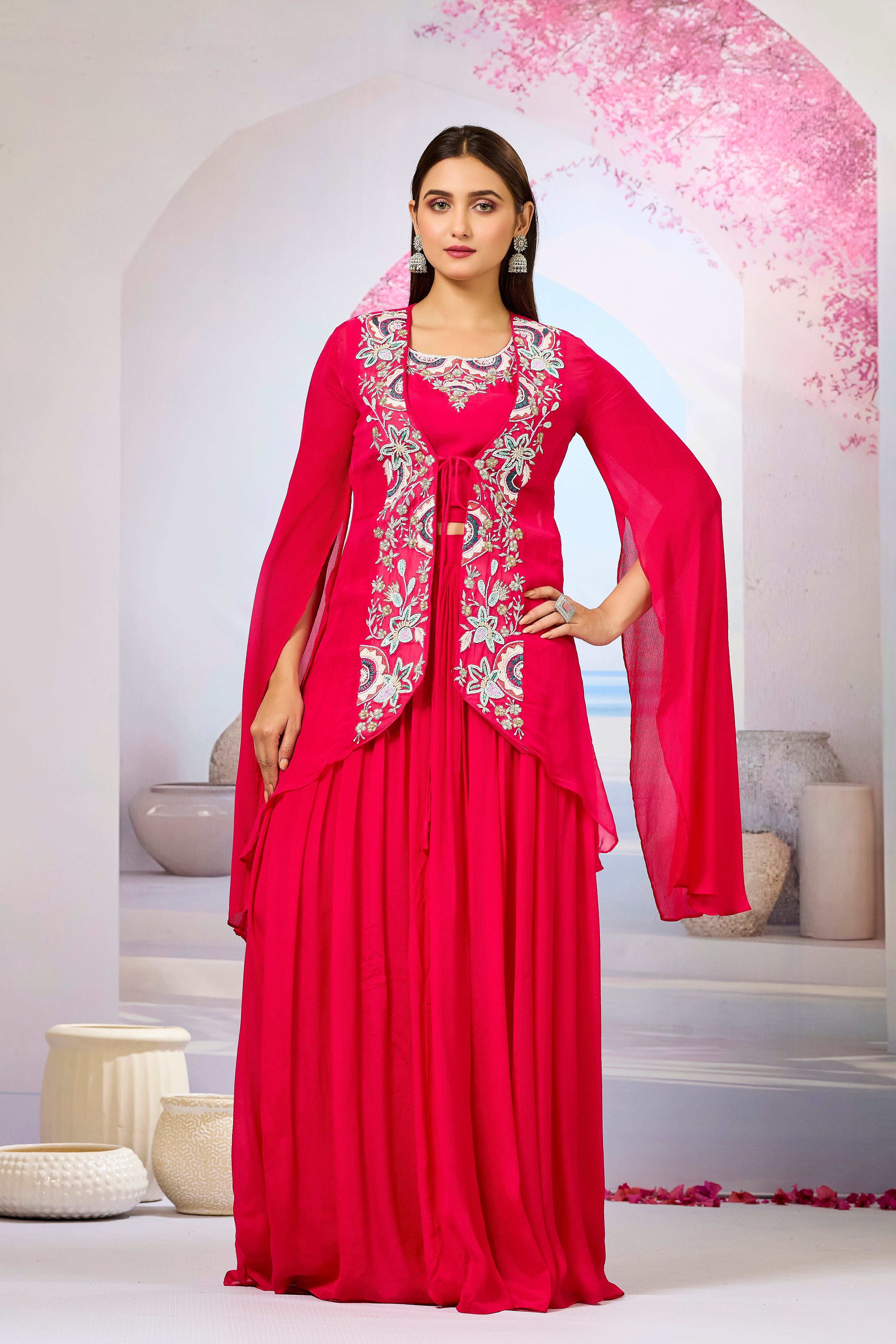 Red Embellished Organza Silk Cape Set