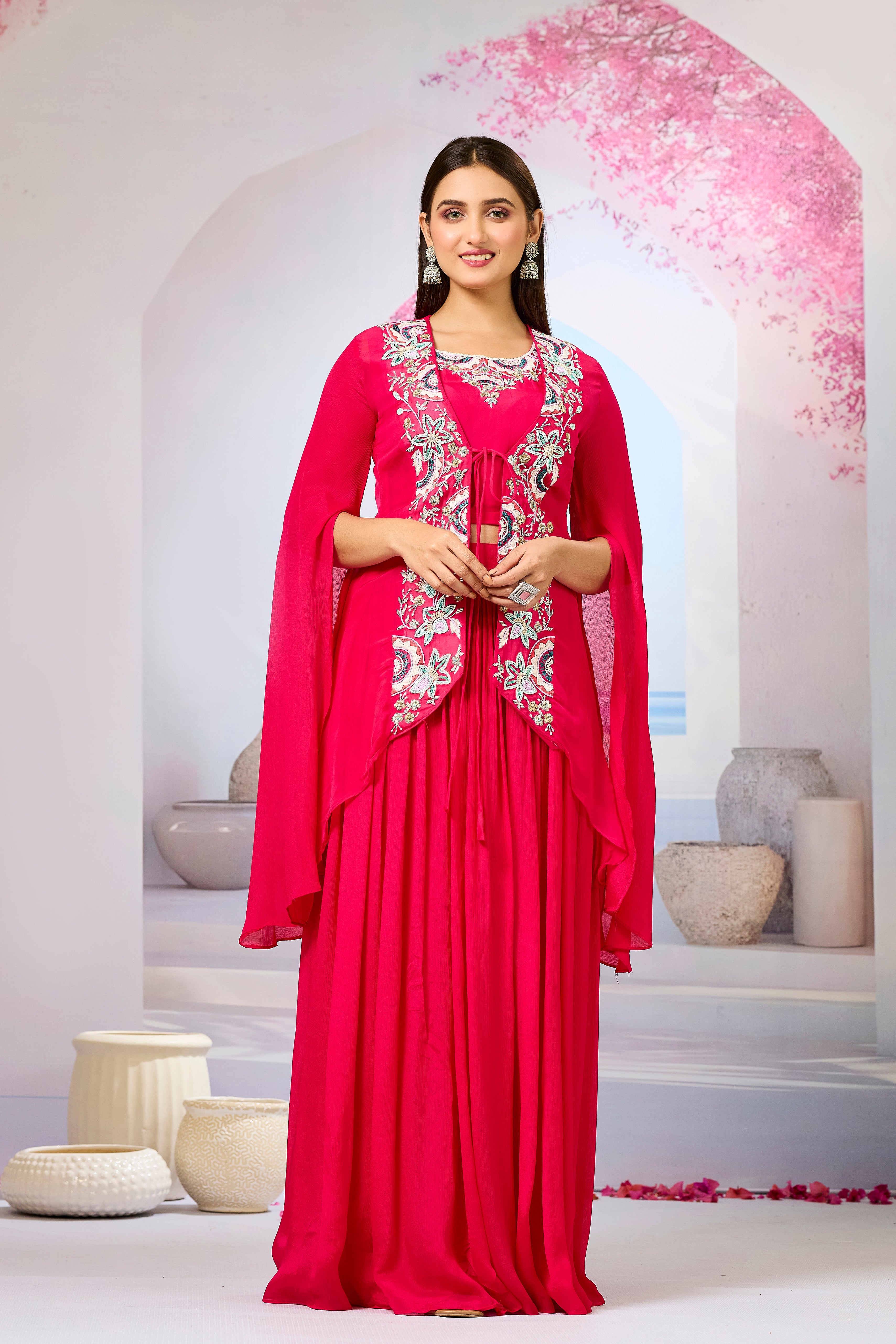 Red Embellished Organza Silk Cape Set