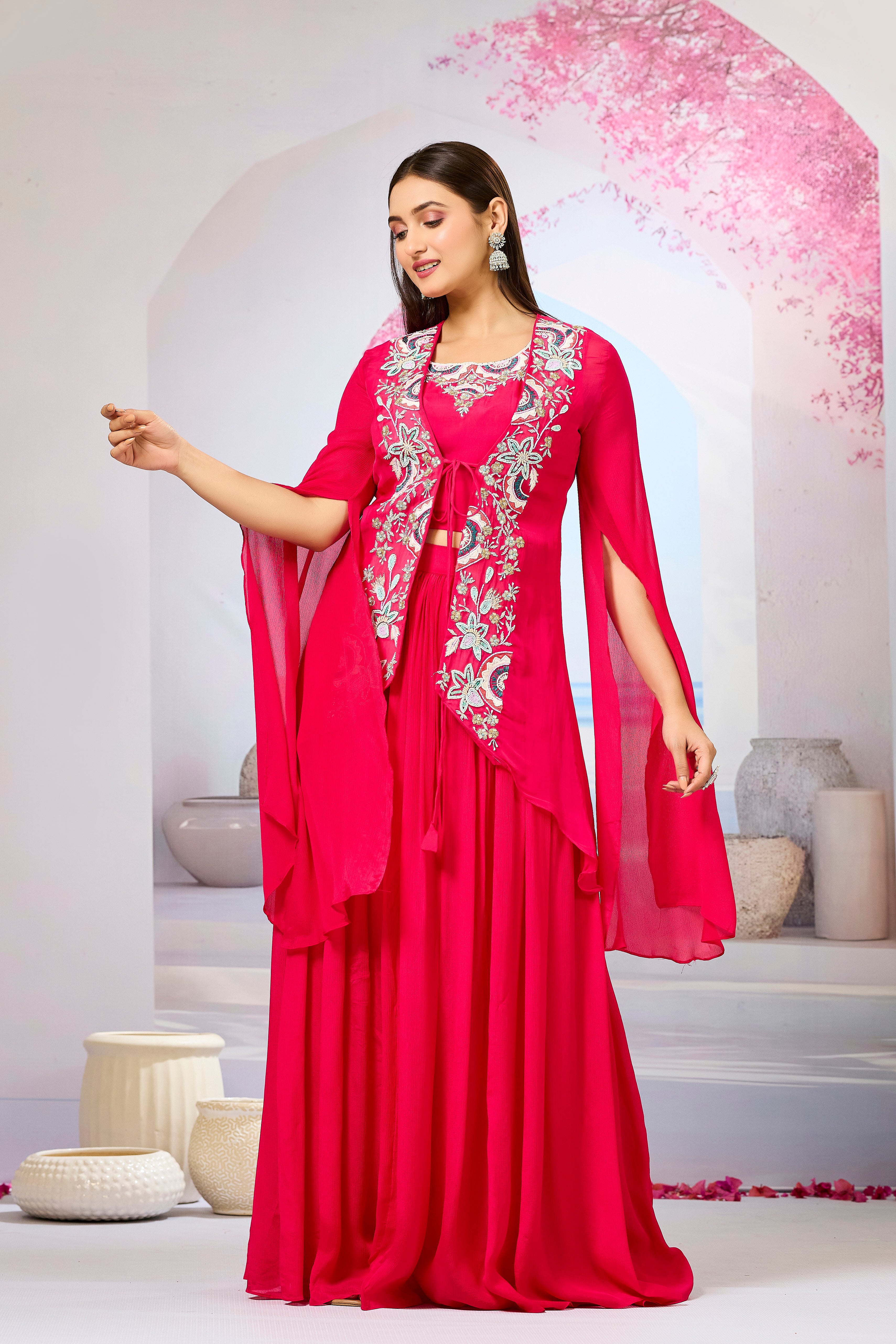 Red Embellished Organza Silk Cape Set